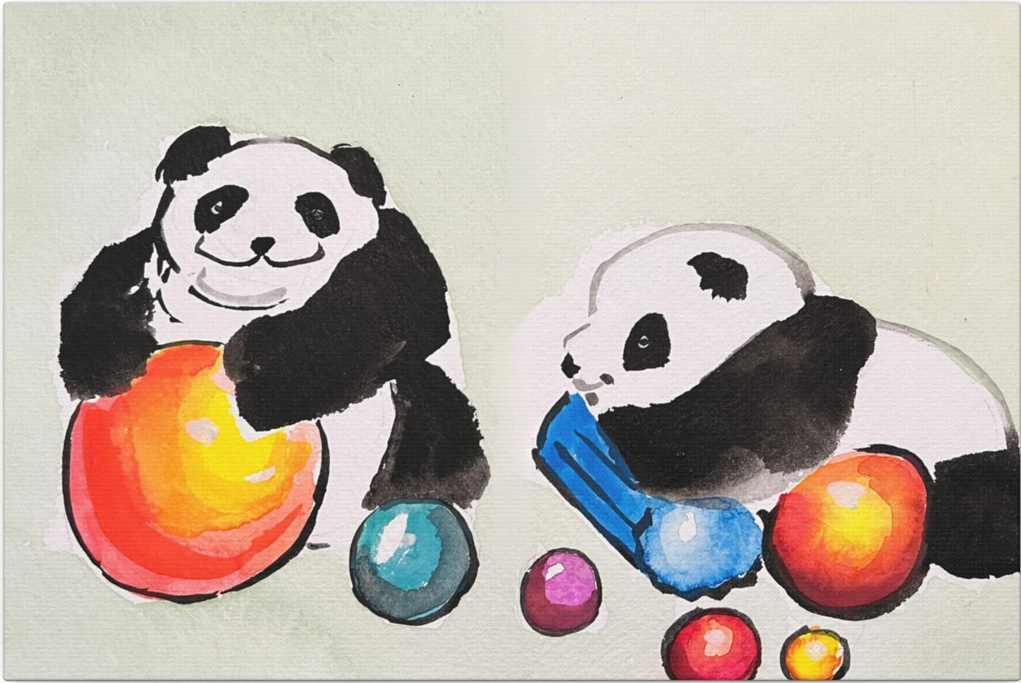 Pandas playing with balls, Matte Canvas, Stretched, 0.75", Print of Watercolor painting by artist Xiang Li, Panda lover gift, Nursery art