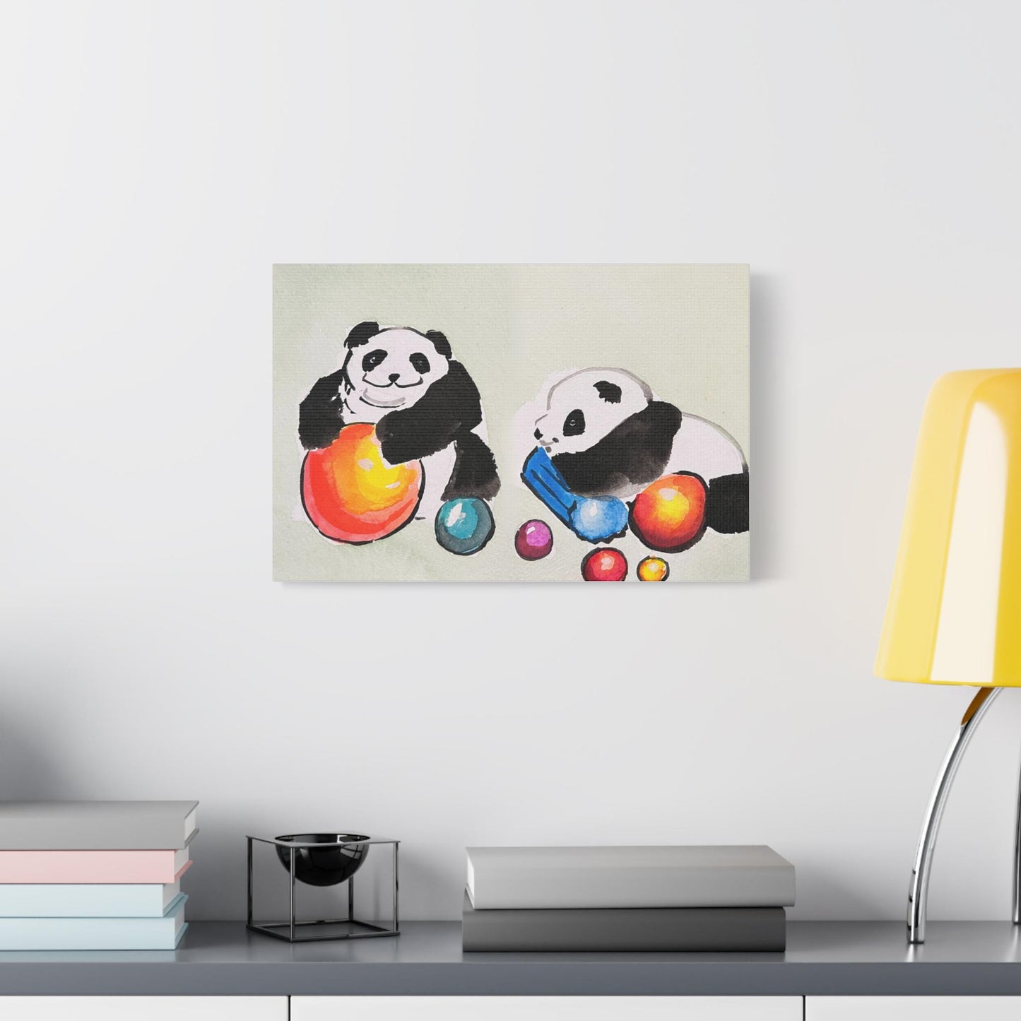 Pandas playing with balls, Matte Canvas, Stretched, 0.75", Print of Watercolor painting by artist Xiang Li, Panda lover gift, Nursery art