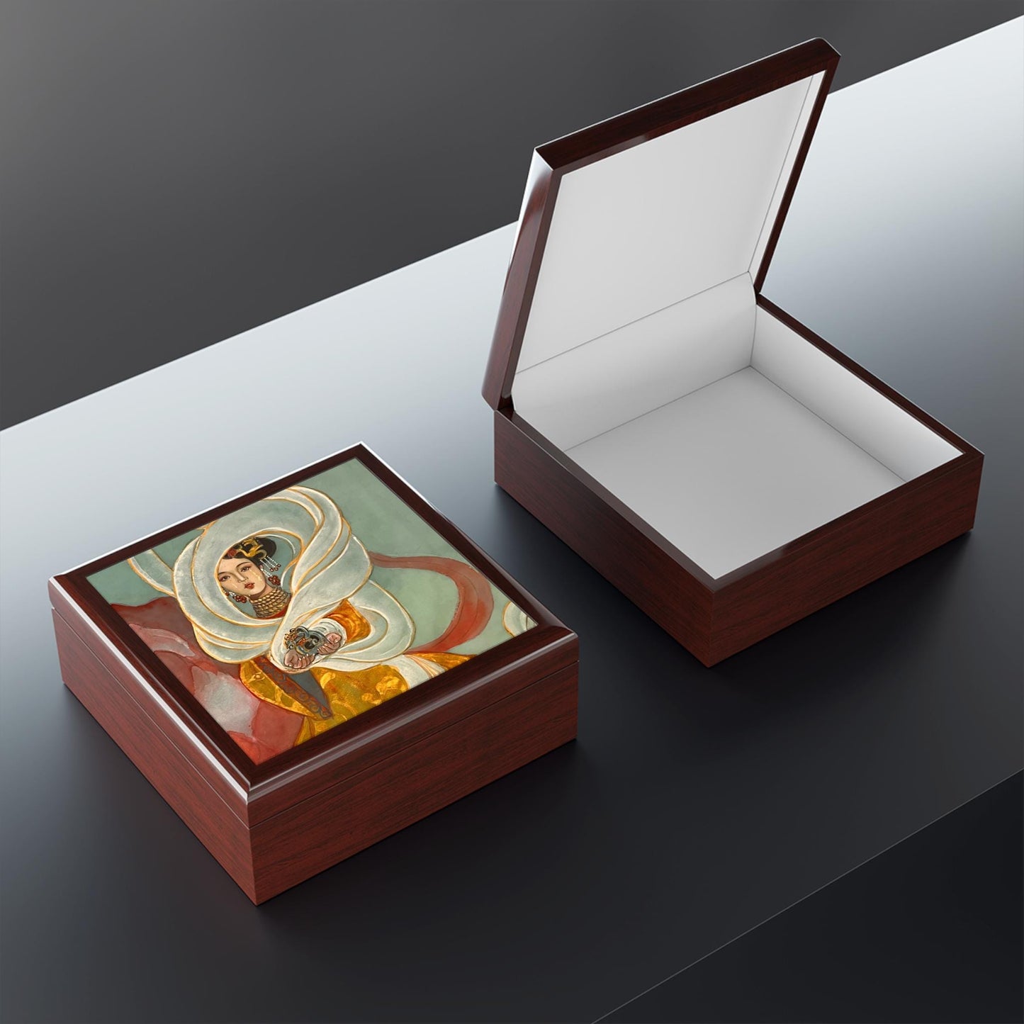 Wooden Jewelry Box | Chinese Empress with the holding a Royal Jade Seal, Watercolor on Silk | Empress Collection by Xiang Li Art