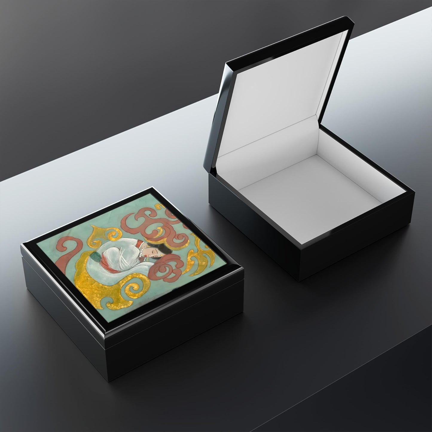 Wood Jewelry Box | Chinese Empress with Pearls necklace, Print of Watercolor on Silk | Empress Collection by Xiang Li Art