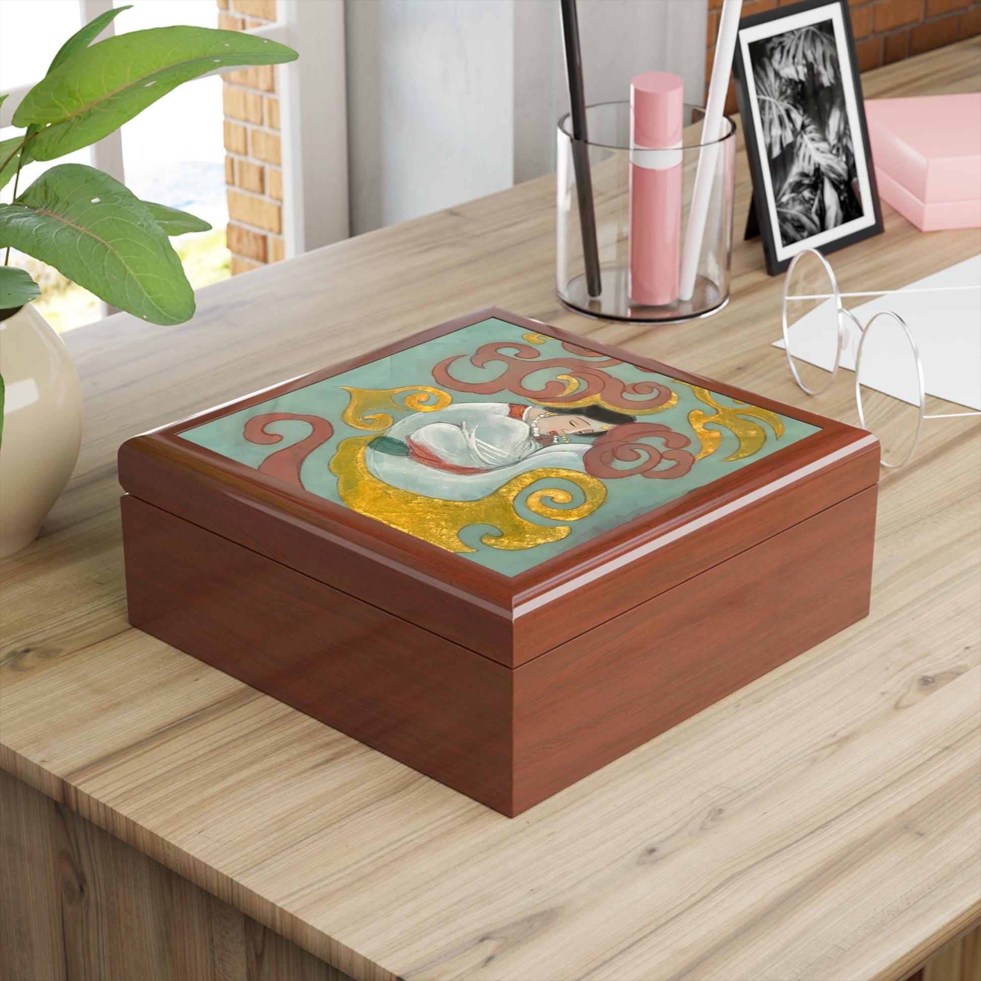 Wood Jewelry Box | Chinese Empress with Pearls necklace, Print of Watercolor on Silk | Empress Collection by Xiang Li Art