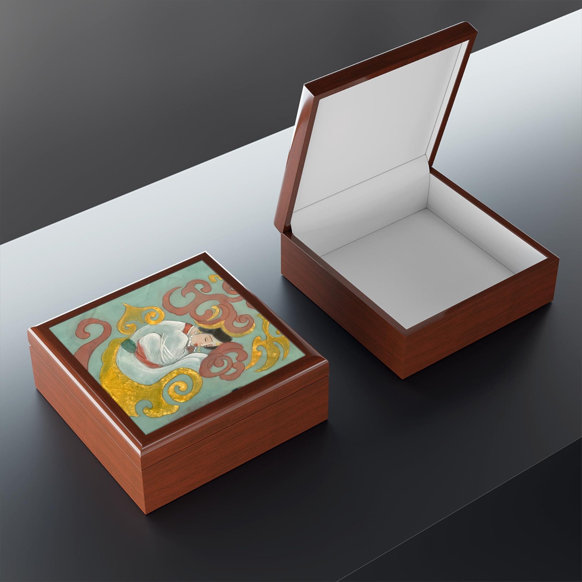 Wood Jewelry Box | Chinese Empress with Pearls necklace, Print of Watercolor on Silk | Empress Collection by Xiang Li Art