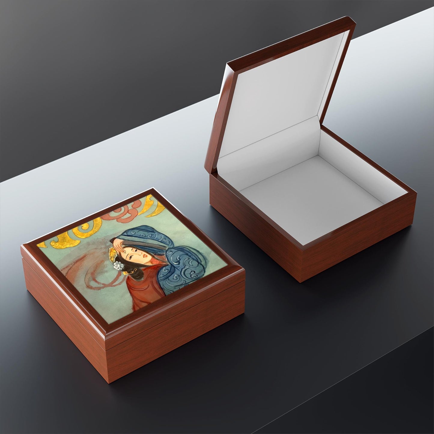 Wooden Jewelry Box | Chinese Empress, Print of Watercolor on Silk | Empress Collection by Xiang Li Art