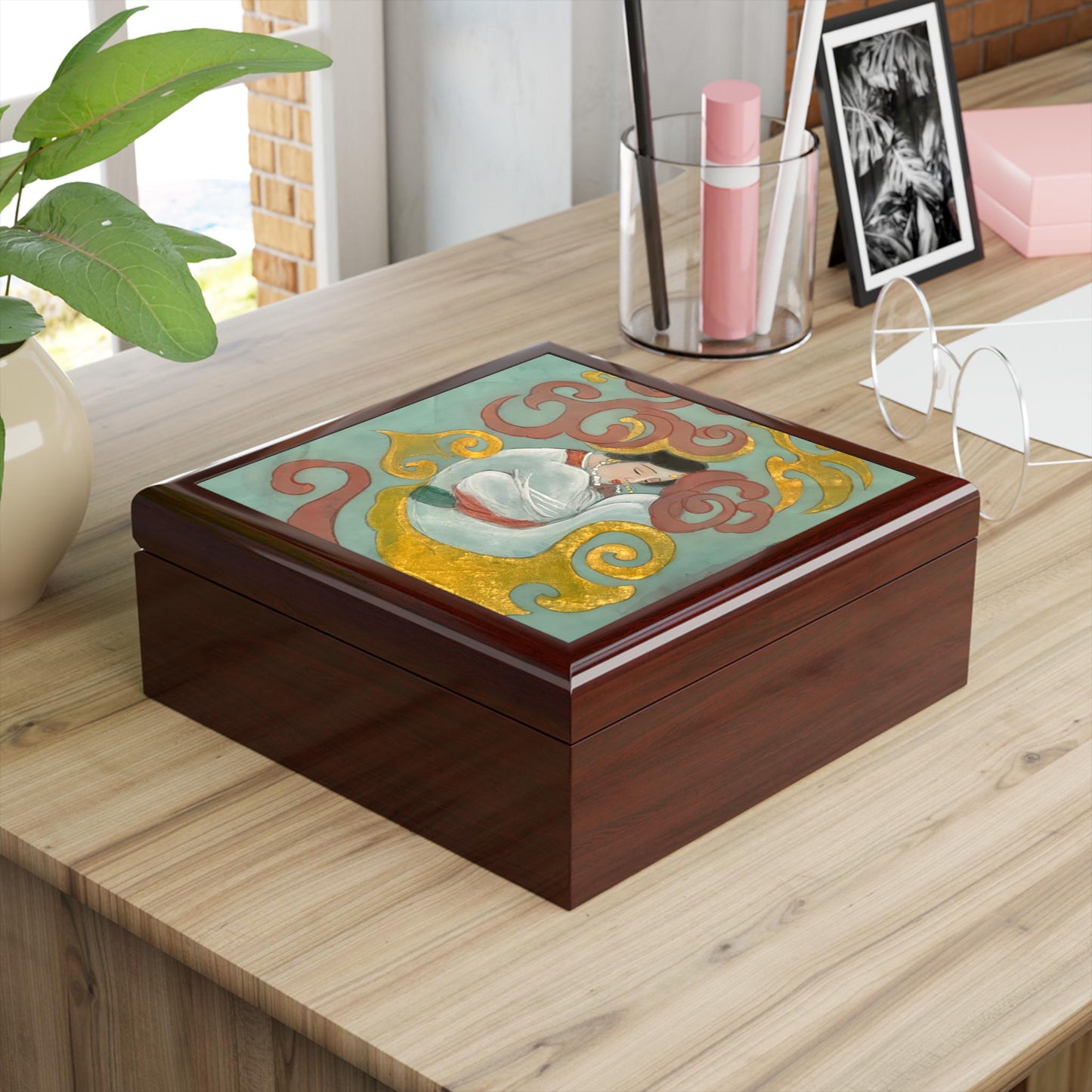 Wood Jewelry Box | Chinese Empress with Pearls necklace, Print of Watercolor on Silk | Empress Collection by Xiang Li Art