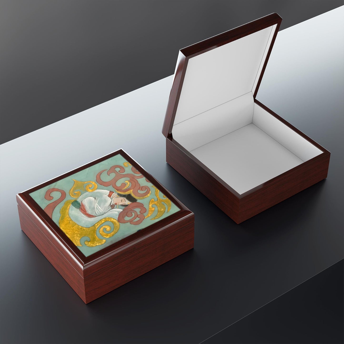 Wood Jewelry Box | Chinese Empress with Pearls necklace, Print of Watercolor on Silk | Empress Collection by Xiang Li Art