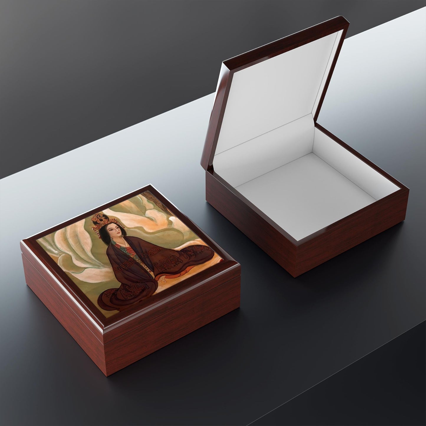 Wooden Jewelry Box | Chinese Empress, Print of Watercolor art on Silk | Empress Collection by Xiang Li Art