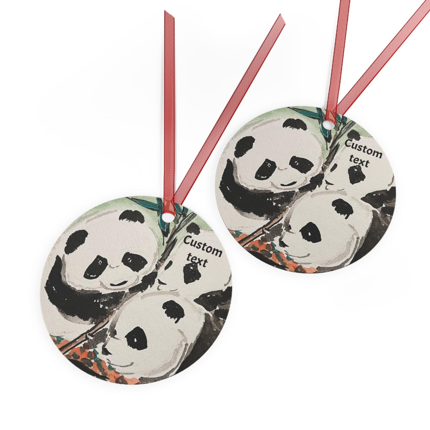 Personalized Metal Ornament, Hand Painted Watercolor Pandas Design, Christmas Tree Decoration, Chinese New Year, All-Year Decor, Gift idea