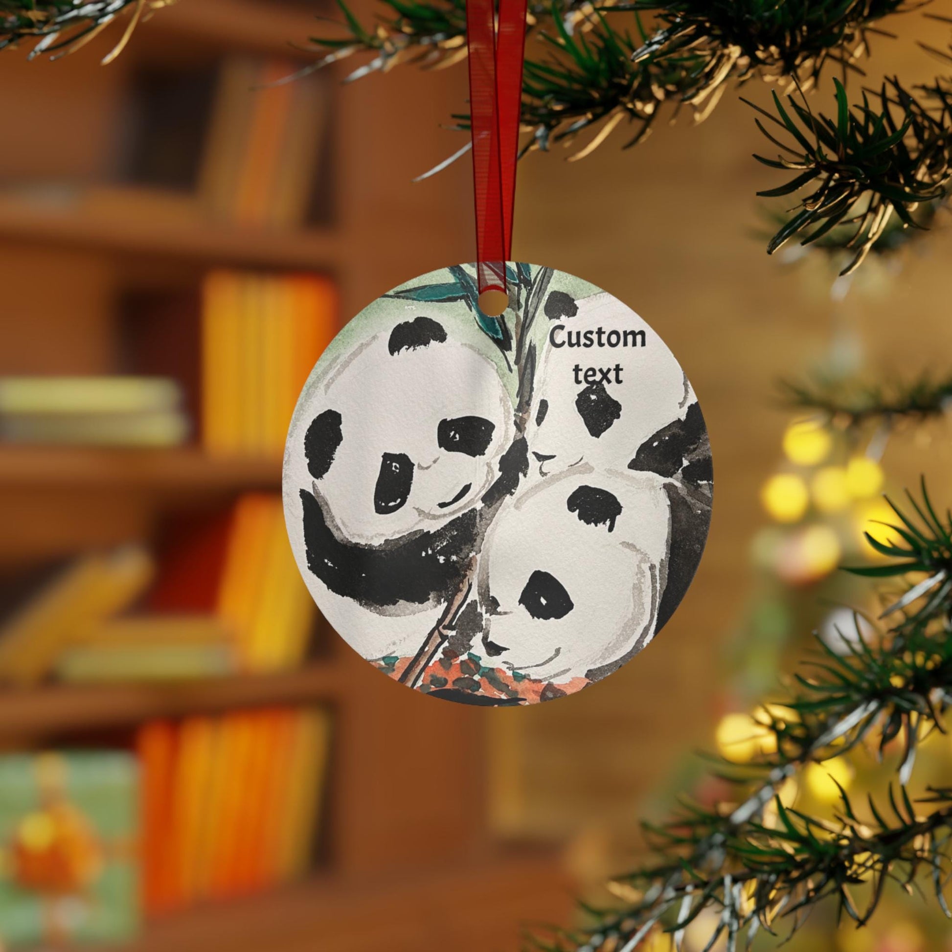 Personalized Metal Ornament, Hand Painted Watercolor Pandas Design, Christmas Tree Decoration, Chinese New Year, All-Year Decor, Gift idea