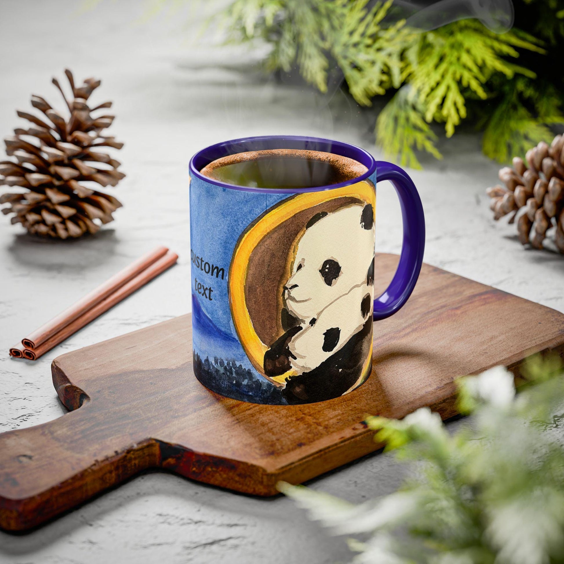 Pandas and the Moon Mug, Cute Watercolor Design, Choose from 12 colors, Coffee, Tea Mug, Hand Painted Design by artist Xiang Li