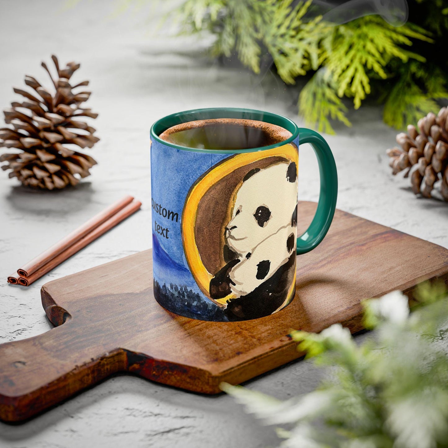 Pandas and the Moon Mug, Cute Watercolor Design, Choose from 12 colors, Coffee, Tea Mug, Hand Painted Design by artist Xiang Li