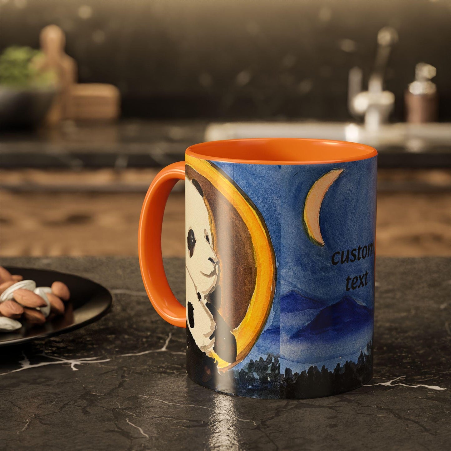 Pandas and the Moon Mug, Cute Watercolor Design, Choose from 12 colors, Coffee, Tea Mug, Hand Painted Design by artist Xiang Li