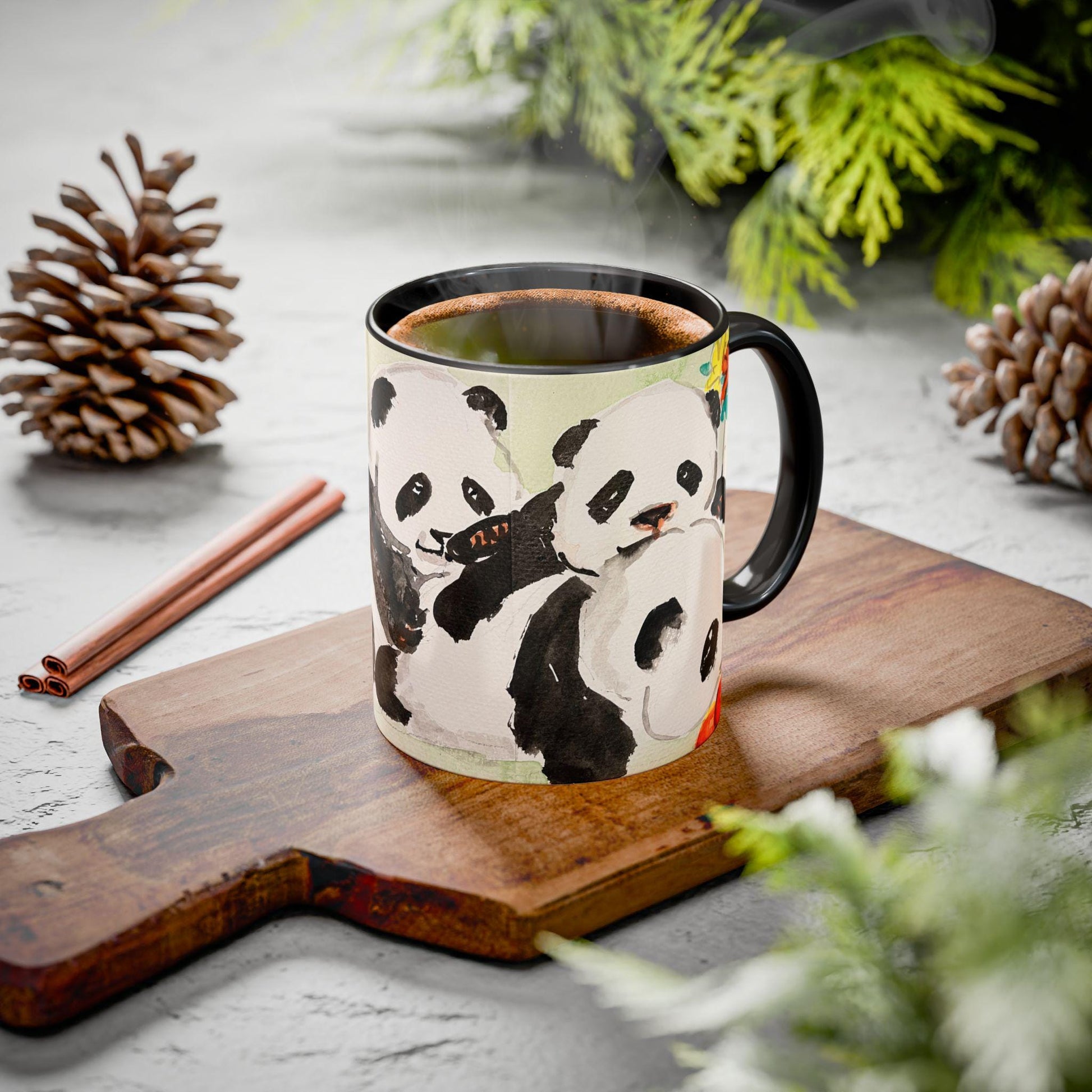 Pandas in the Garden Mug, Cute Watercolor Design, Choose from 12 colors, Coffee, Tea Mug, Hand Painted Design by artist Xiang Li