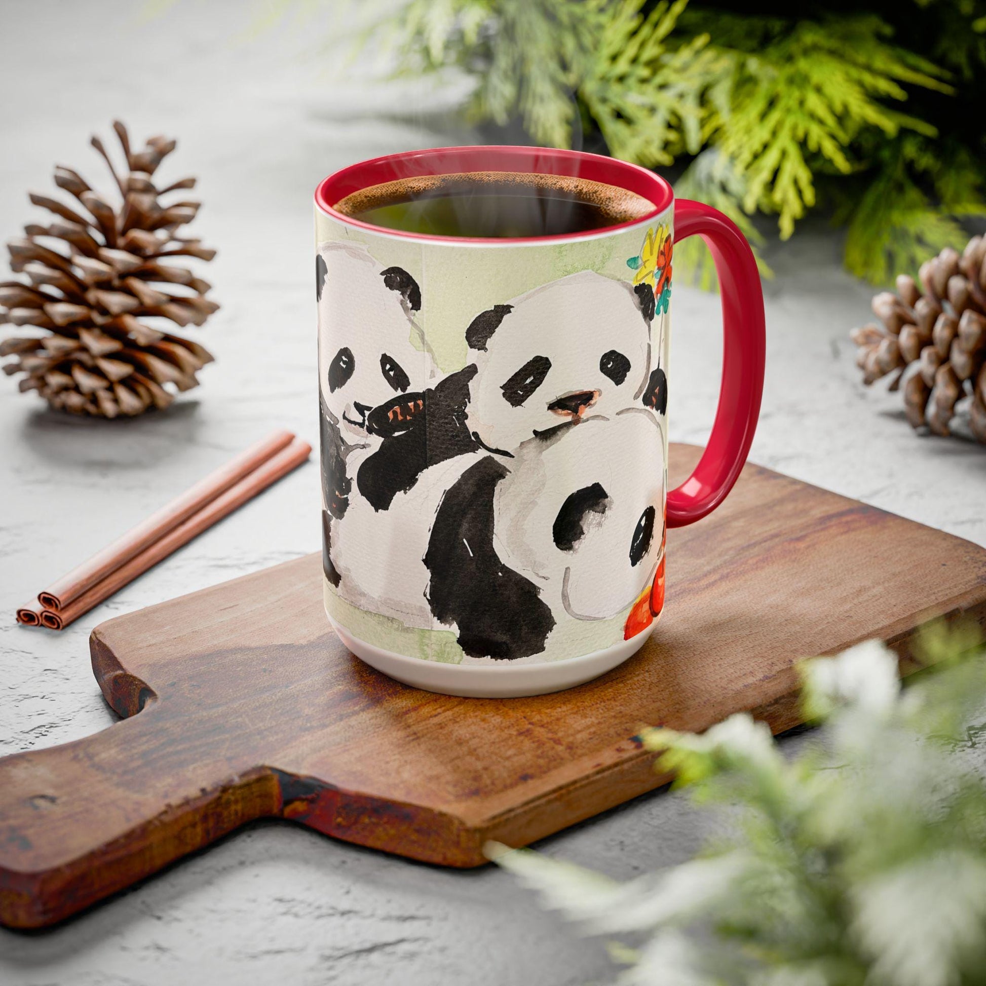 Pandas in the Garden Mug, Cute Watercolor Design, Choose from 12 colors, Coffee, Tea Mug, Hand Painted Design by artist Xiang Li