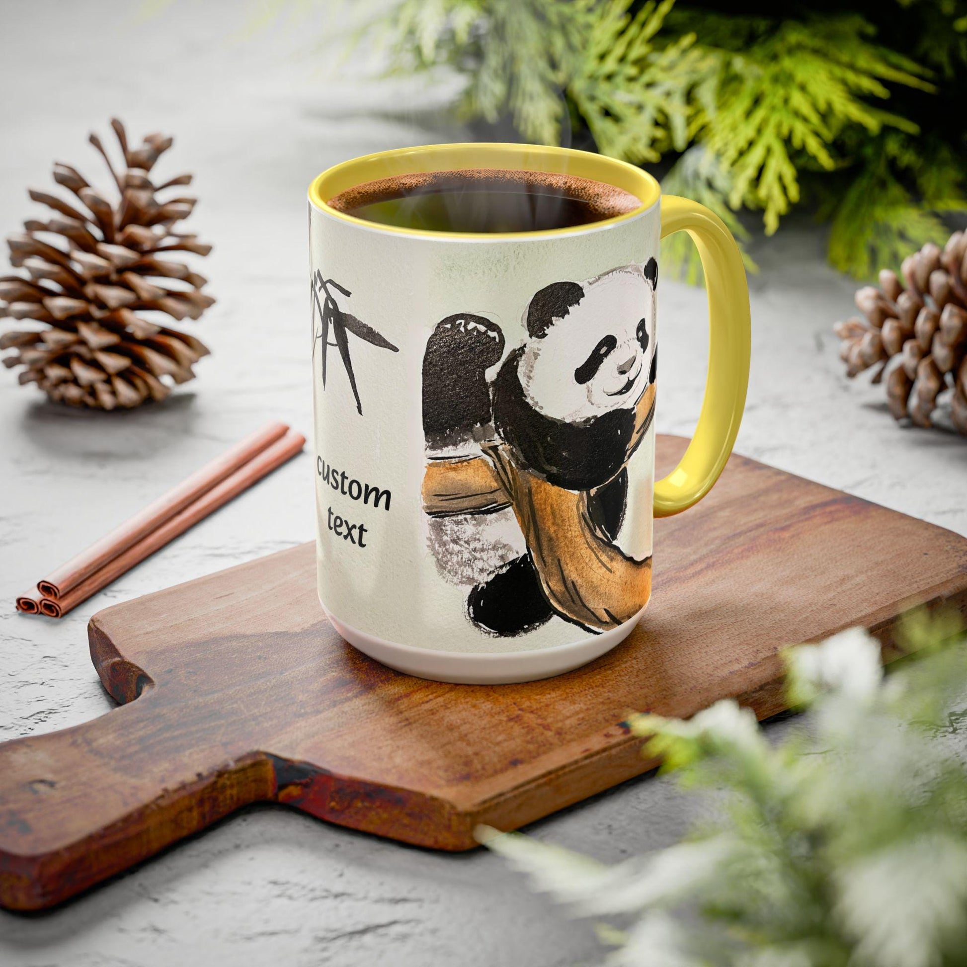 Personalized Mountain Climber Panda Mug, Cute Watercolor Design, 12 colors, Coffee, Tea Mug, Hand Painted Design by artist Xiang Li