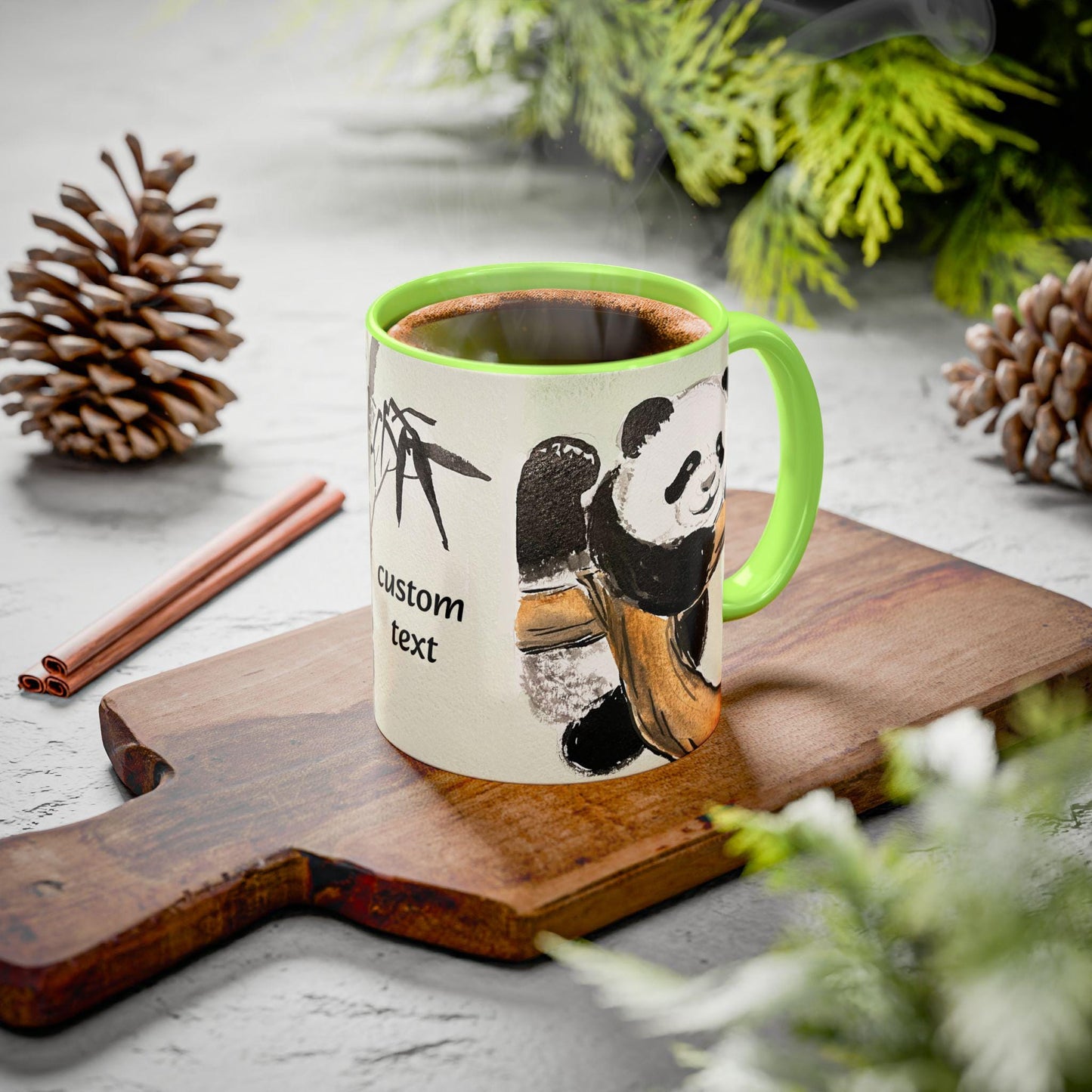 Personalized Mountain Climber Panda Mug, Cute Watercolor Design, 12 colors, Coffee, Tea Mug, Hand Painted Design by artist Xiang Li