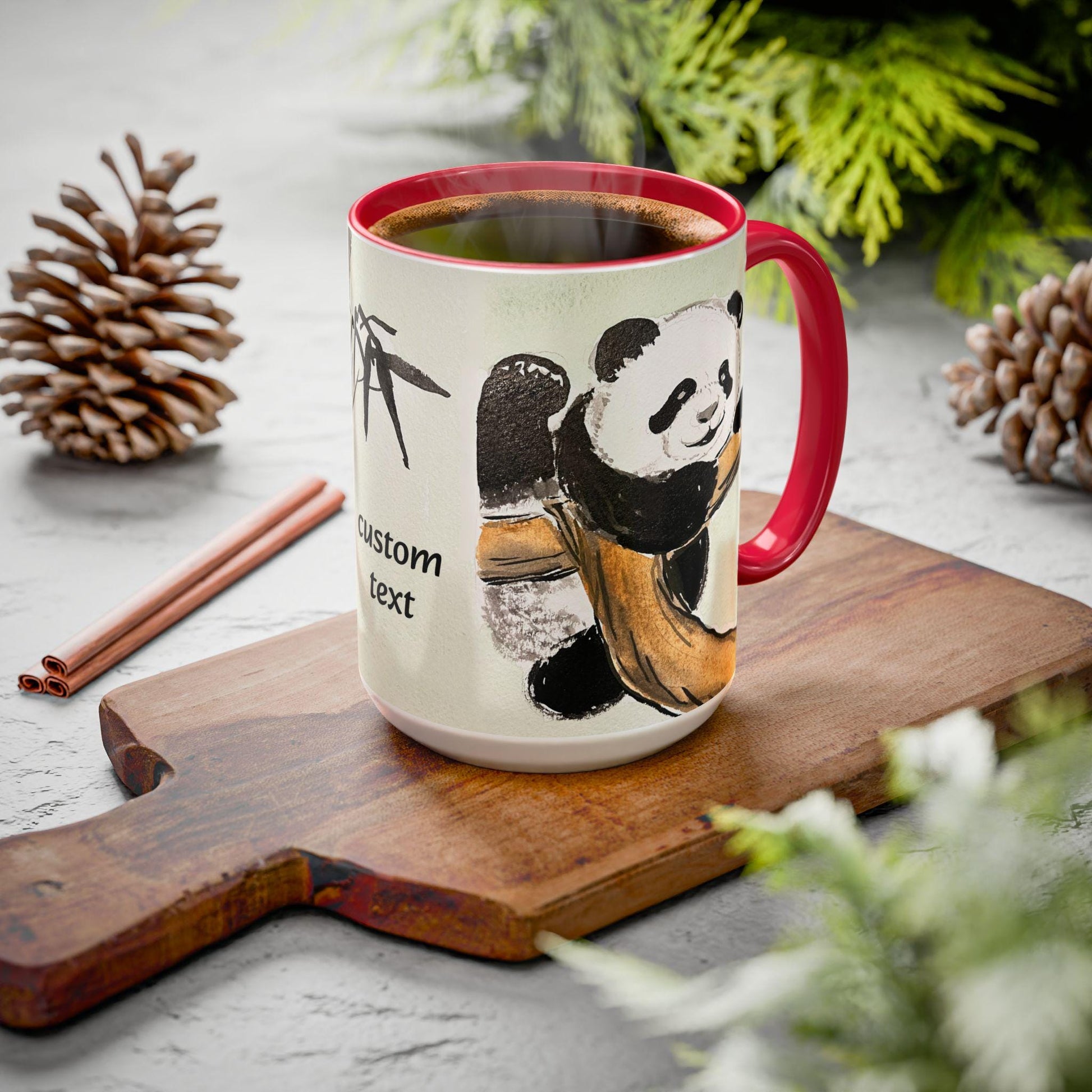 Personalized Mountain Climber Panda Mug, Cute Watercolor Design, 12 colors, Coffee, Tea Mug, Hand Painted Design by artist Xiang Li