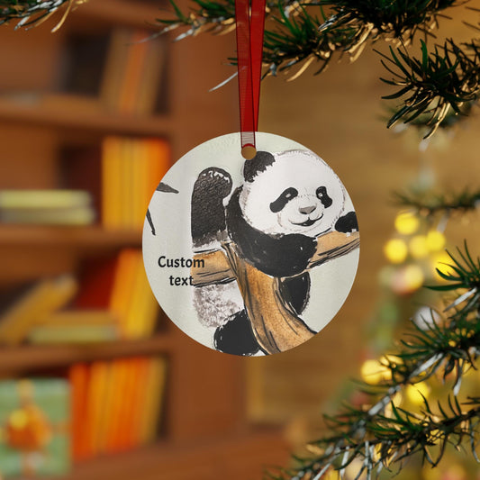 Personalized Metal Ornament, Hand Painted Watercolor, Mountain climber Panda Design, Christmas Tree, Chinese New Year, All-Year Decor