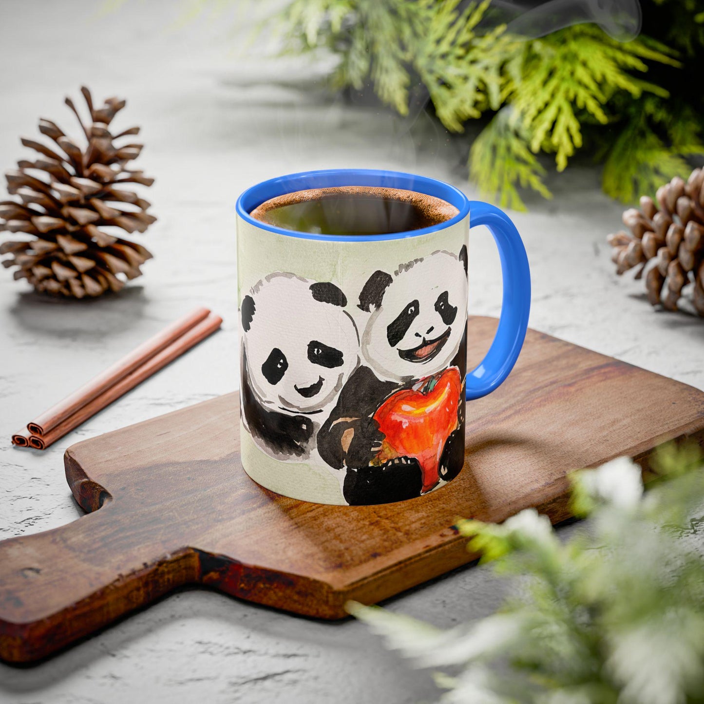 Personalized Health Conscious Panda Mug, Cute Watercolor Painting, 12 colors, Coffee, Tea Mug, Hand Painted Design by artist Xiang Li