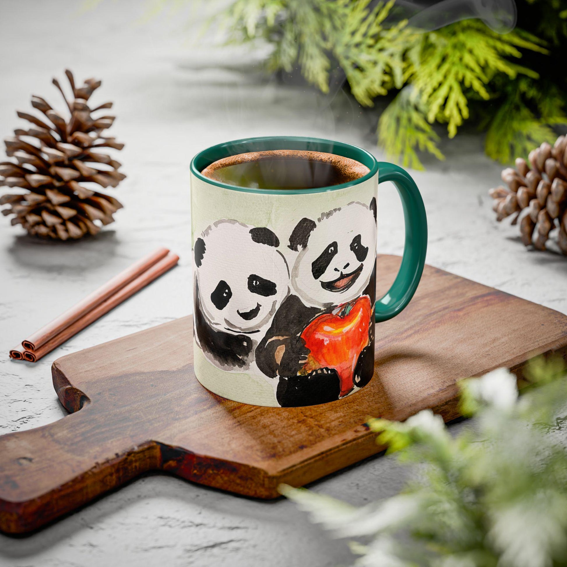 Personalized Health Conscious Panda Mug, Cute Watercolor Painting, 12 colors, Coffee, Tea Mug, Hand Painted Design by artist Xiang Li