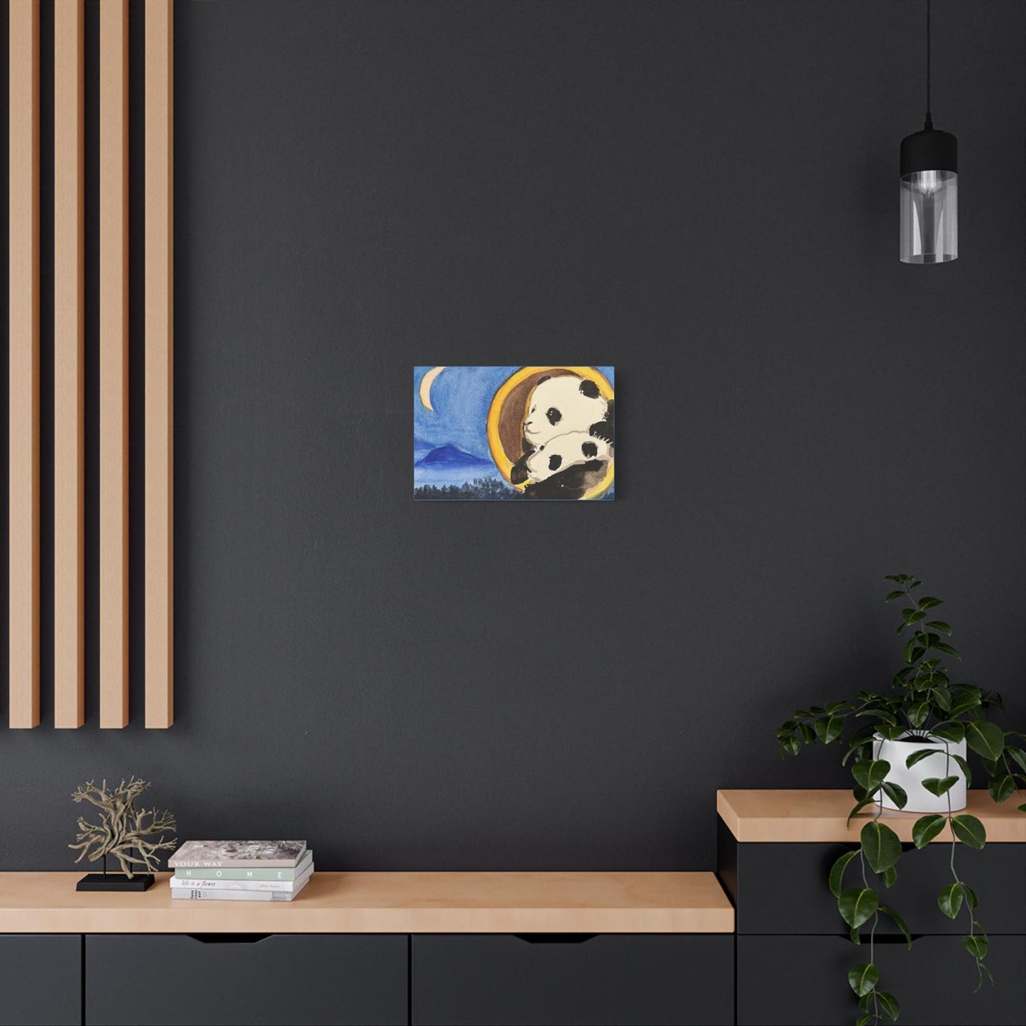 Pandas at Night, Matte Canvas, Stretched, 0.75", Print of Watercolor painting by artist Xiang Li, Panda lover gift, Nursery wall art