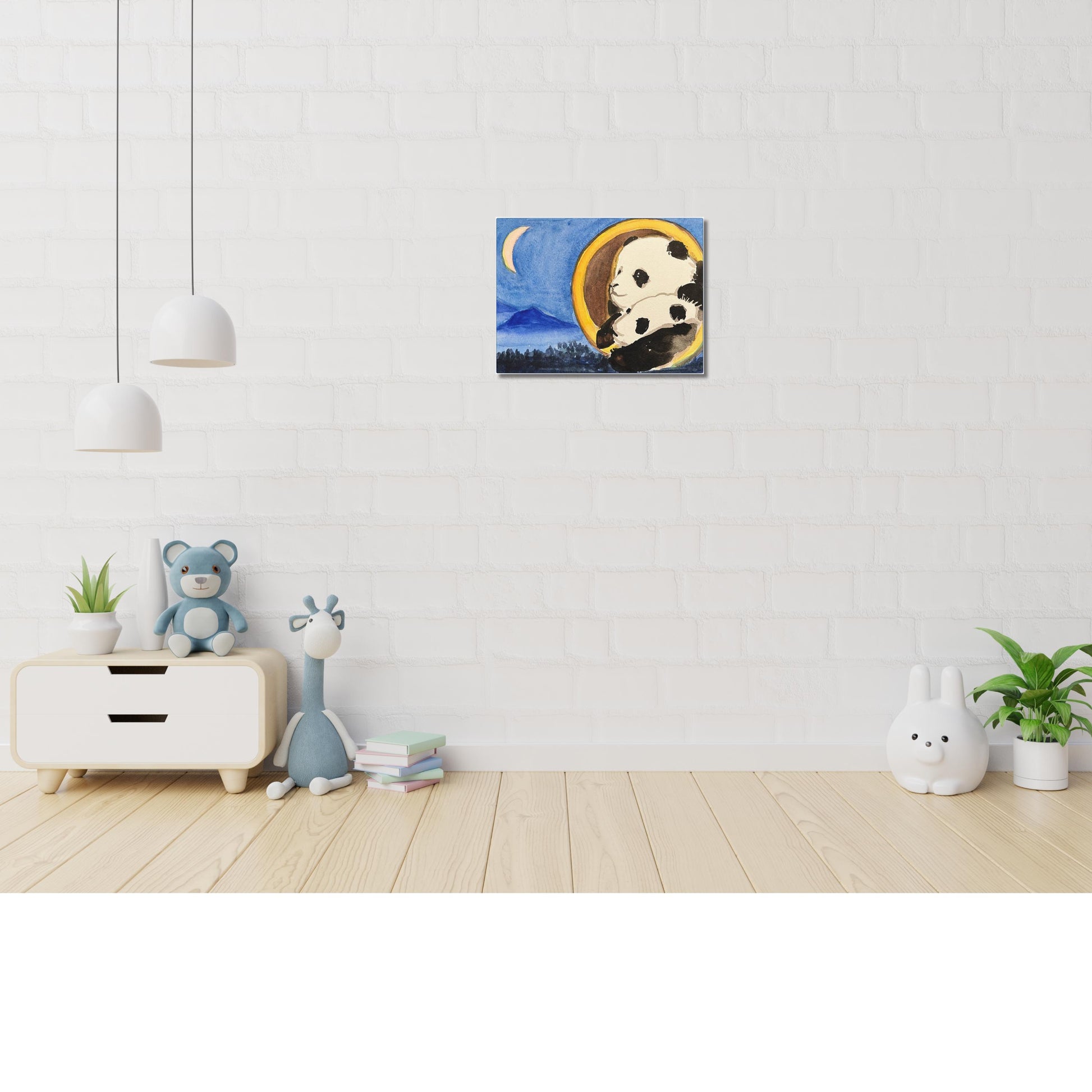 Pandas at Night, Matte Canvas, Stretched, 0.75", Print of Watercolor painting by artist Xiang Li, Panda lover gift, Nursery wall art