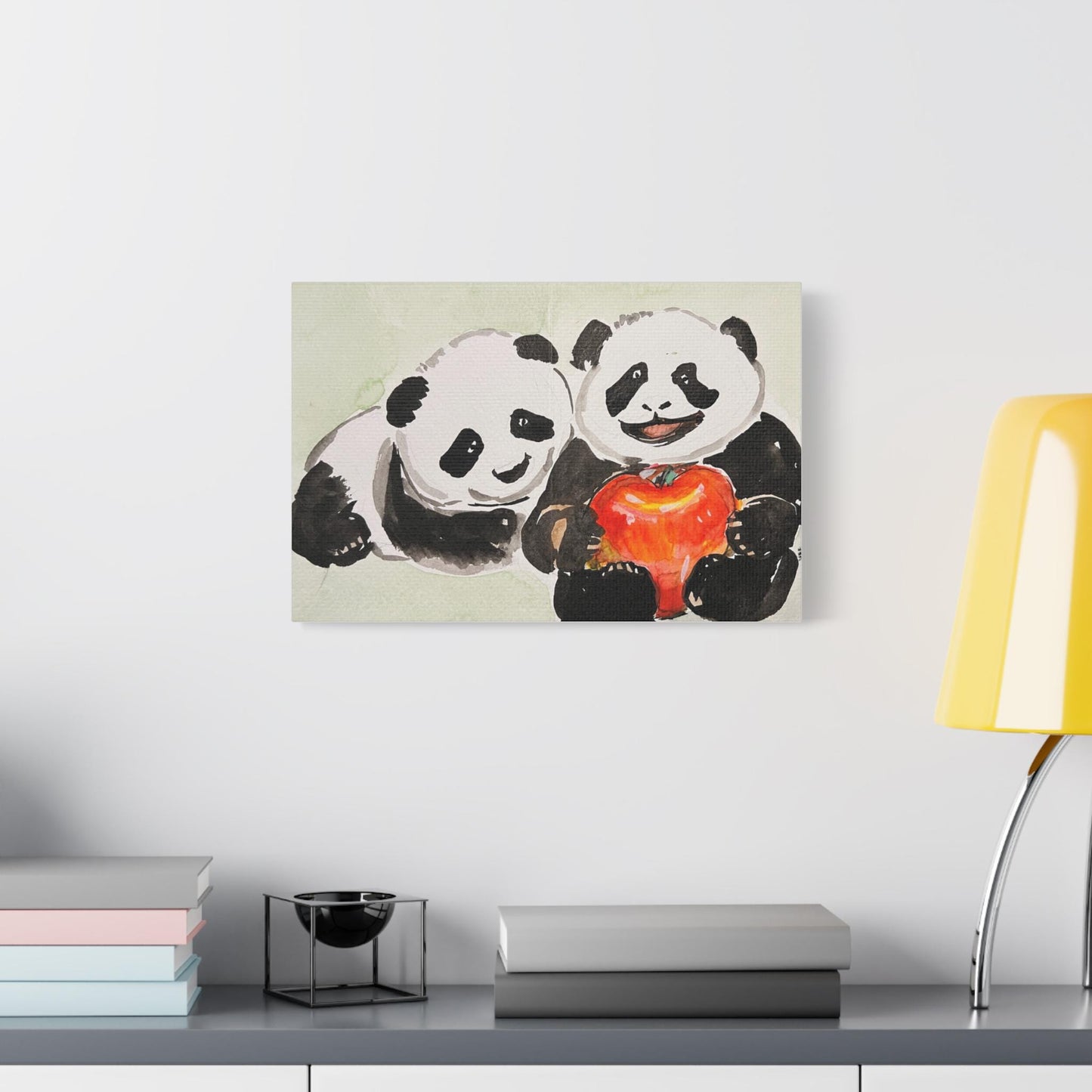 Panda Couple with Apple, Matte Canvas, Stretched, 0.75", Print of Watercolor painting by artist Xiang Li, Panda lover gift, Nursery wall art