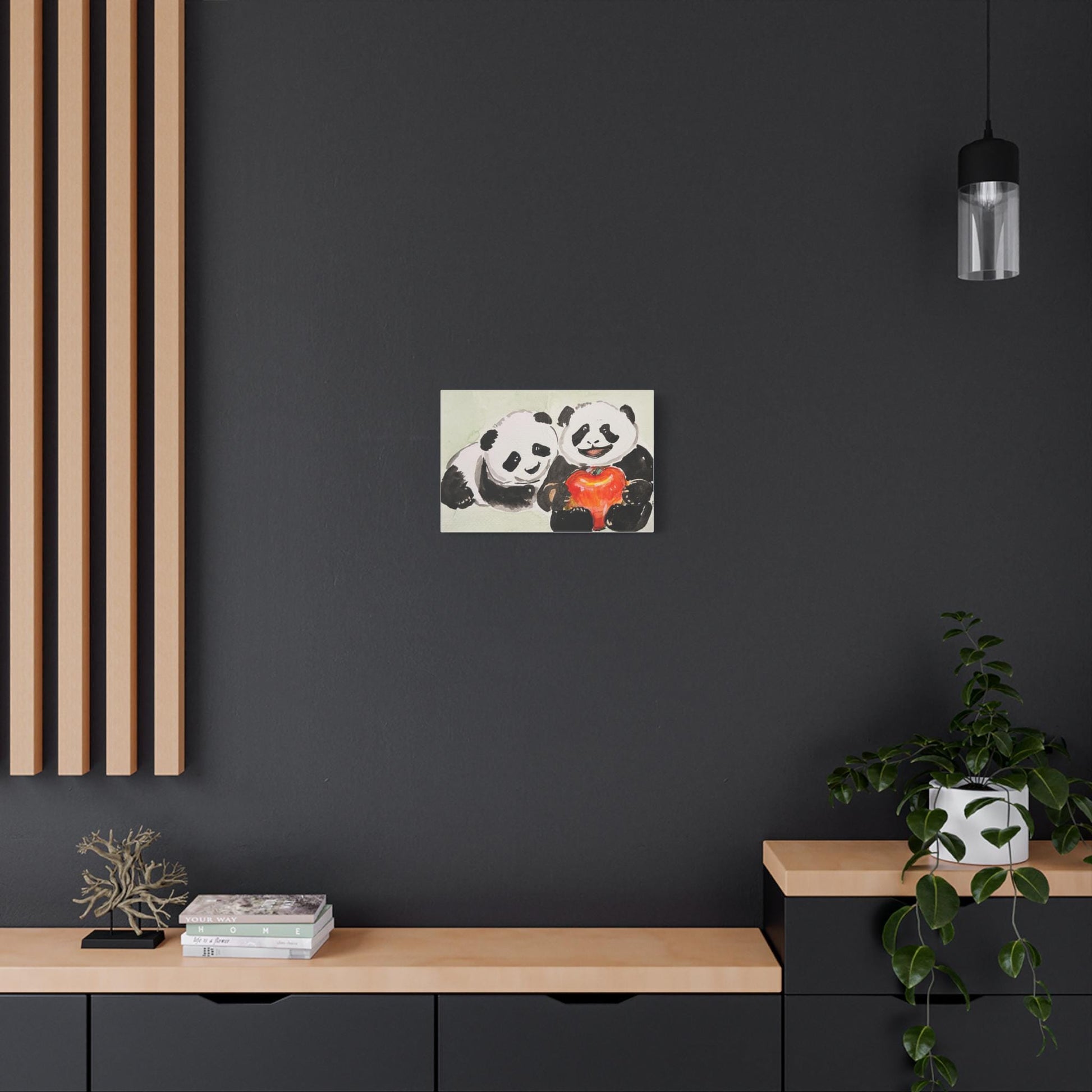 Panda Couple with Apple, Matte Canvas, Stretched, 0.75", Print of Watercolor painting by artist Xiang Li, Panda lover gift, Nursery wall art