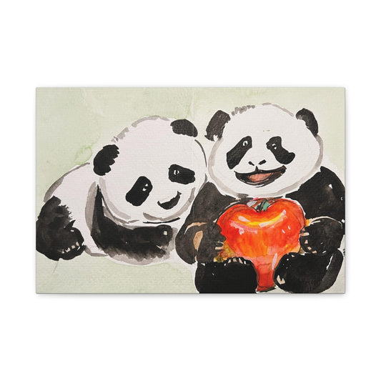 Panda Couple with Apple, Matte Canvas, Stretched, 0.75", Print of Watercolor painting by artist Xiang Li, Panda lover gift, Nursery wall art