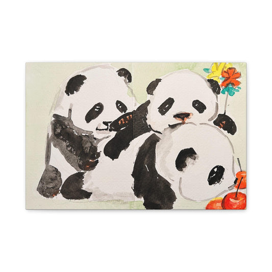 Playful Panda Family, Matte Canvas, Stretched, 0.75", Print of Watercolor painting by artist Xiang Li, Panda lover gift, Nursery wall art