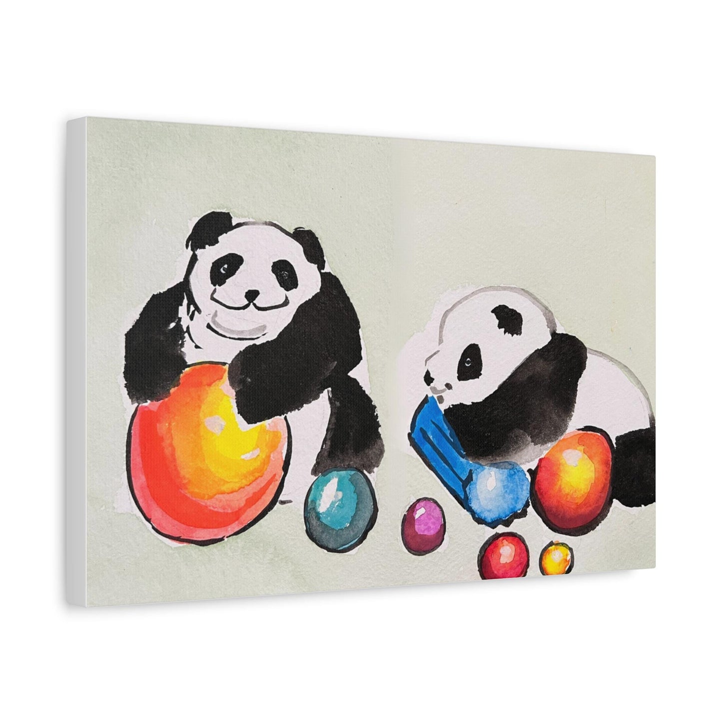 Pandas playing with balls, Matte Canvas, Stretched, 0.75", Print of Watercolor painting by artist Xiang Li, Panda lover gift, Nursery art