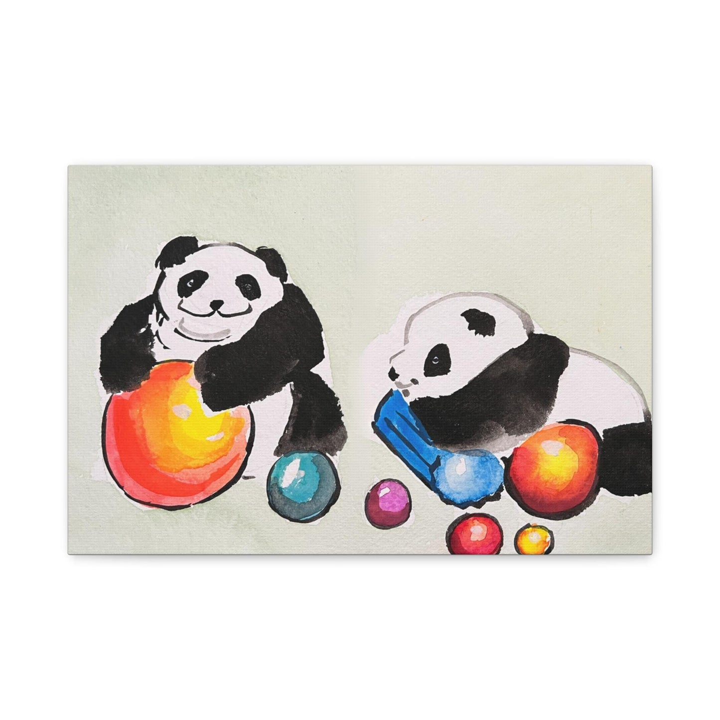 Pandas playing with balls, Matte Canvas, Stretched, 0.75", Print of Watercolor painting by artist Xiang Li, Panda lover gift, Nursery art