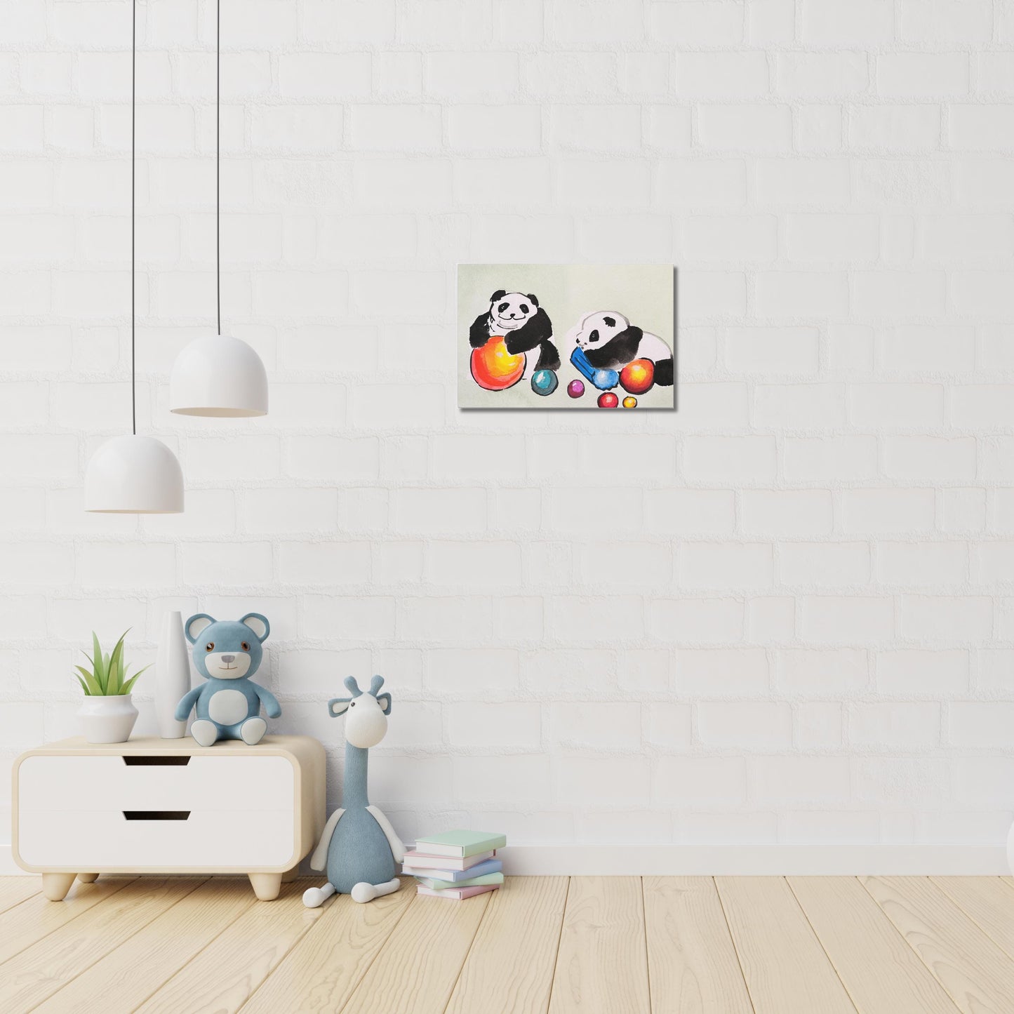 Pandas playing with balls, Matte Canvas, Stretched, 0.75", Print of Watercolor painting by artist Xiang Li, Panda lover gift, Nursery art