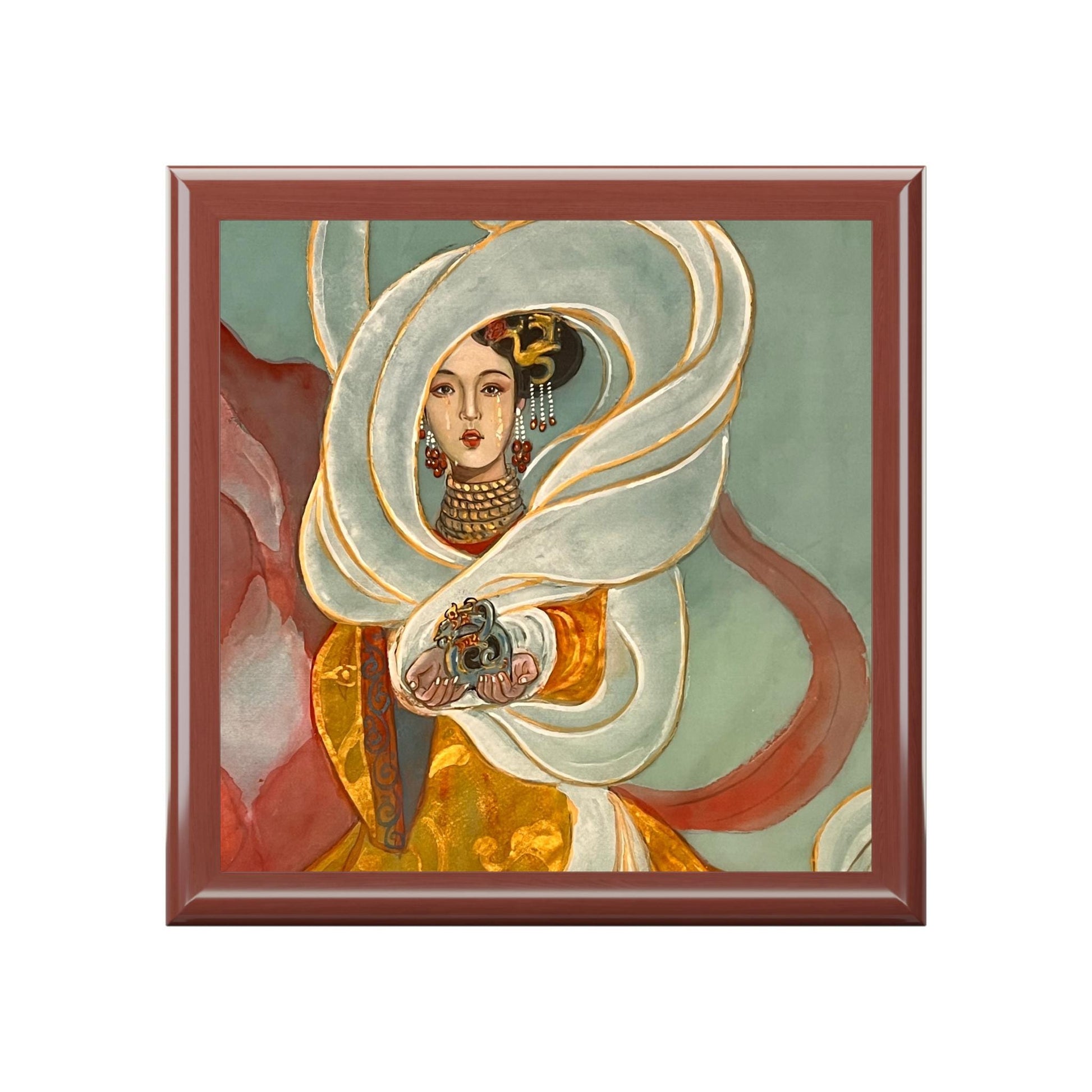 Wooden Jewelry Box | Chinese Empress with the holding a Royal Jade Seal, Watercolor on Silk | Empress Collection by Xiang Li Art