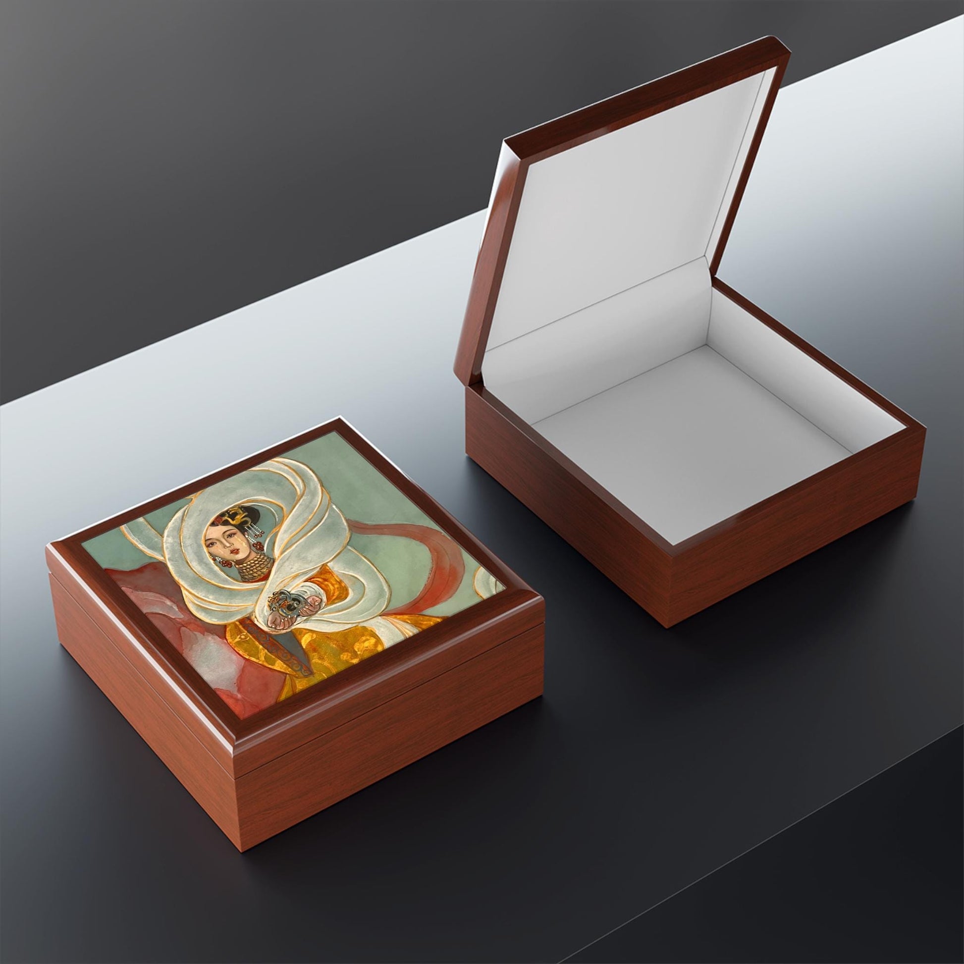 Wooden Jewelry Box | Chinese Empress with the holding a Royal Jade Seal, Watercolor on Silk | Empress Collection by Xiang Li Art