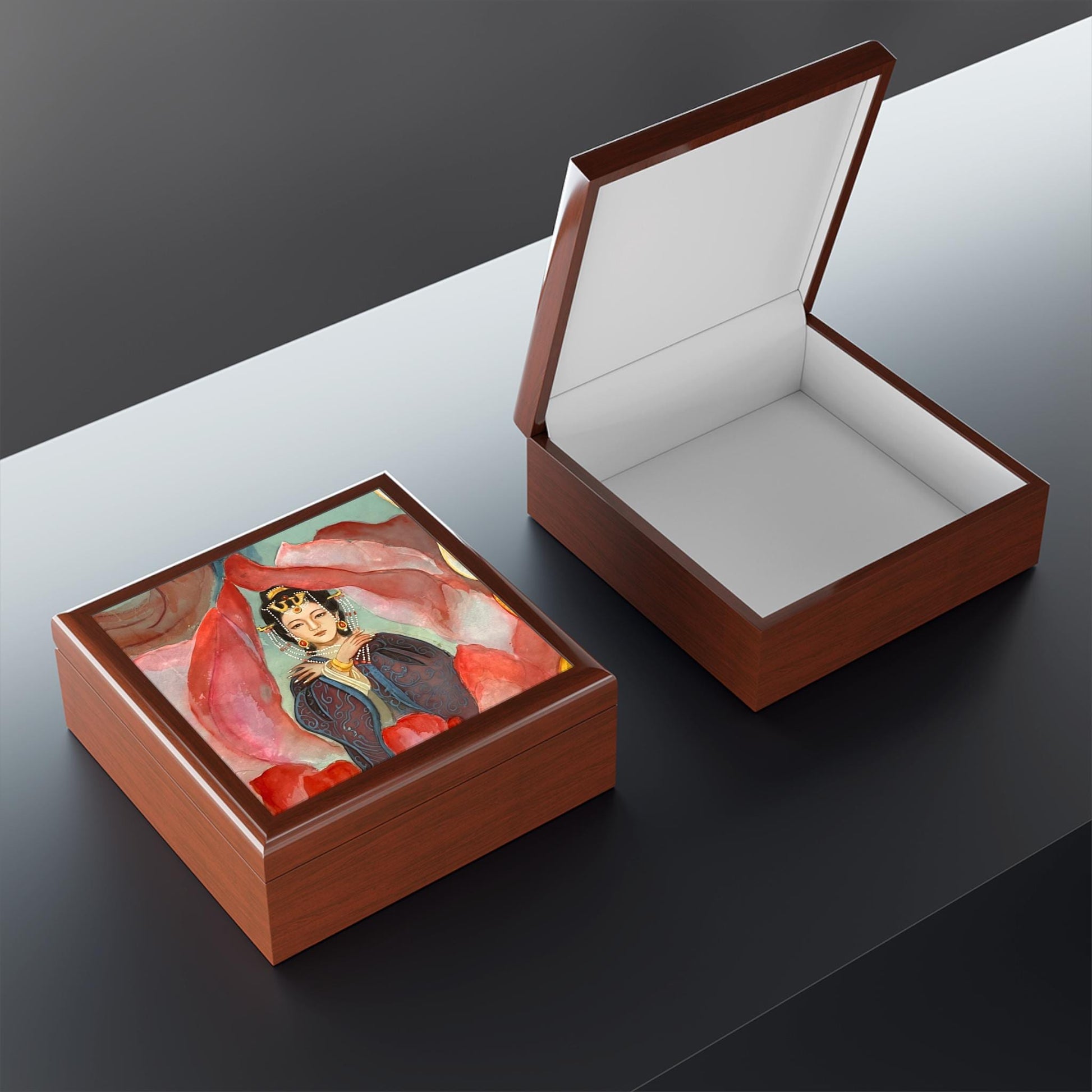 Wooden Jewelry Box | Chinese Empress, Watercolor on Silk | Empress Collection by Xiang Li Art