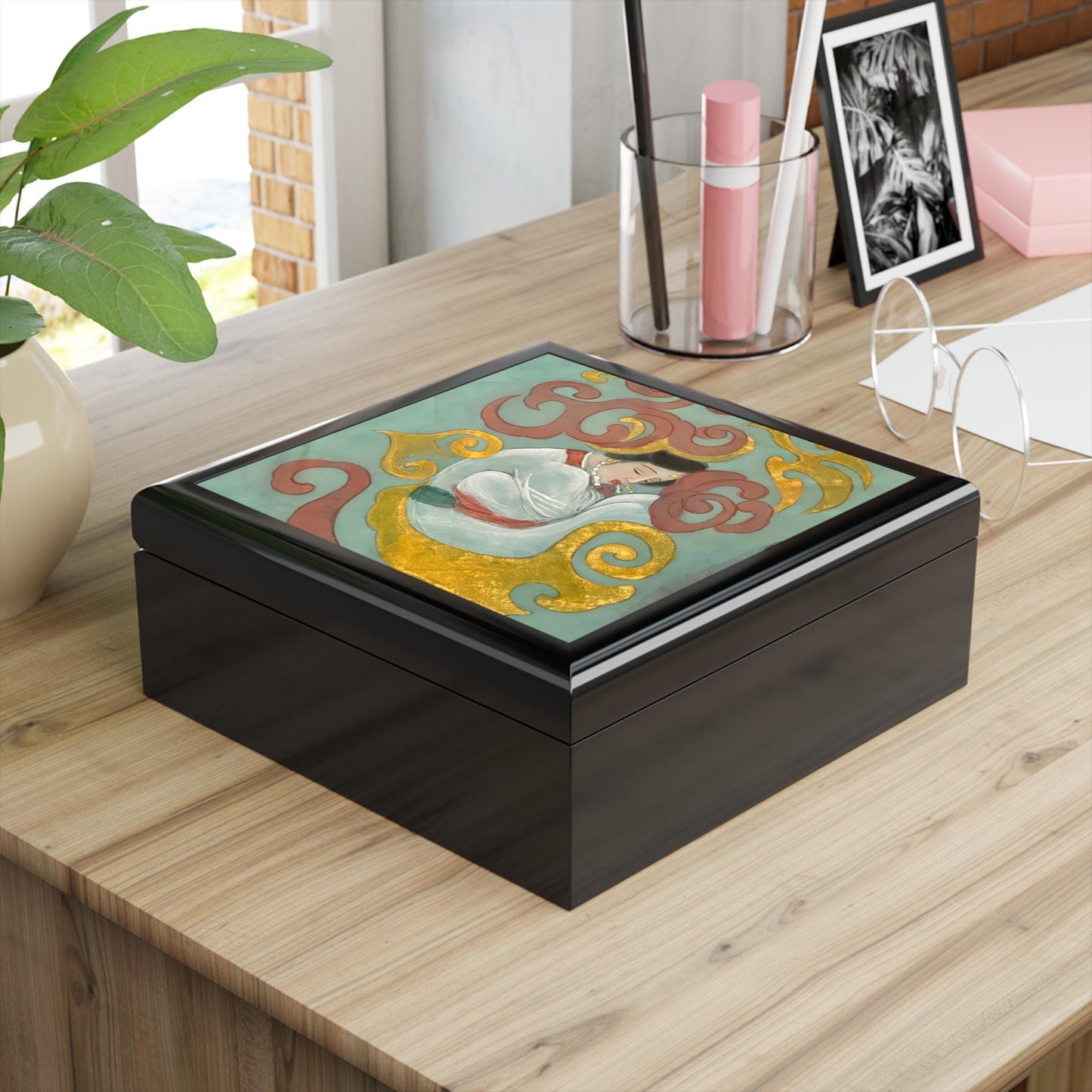 Wood Jewelry Box | Chinese Empress with Pearls necklace, Print of Watercolor on Silk | Empress Collection by Xiang Li Art