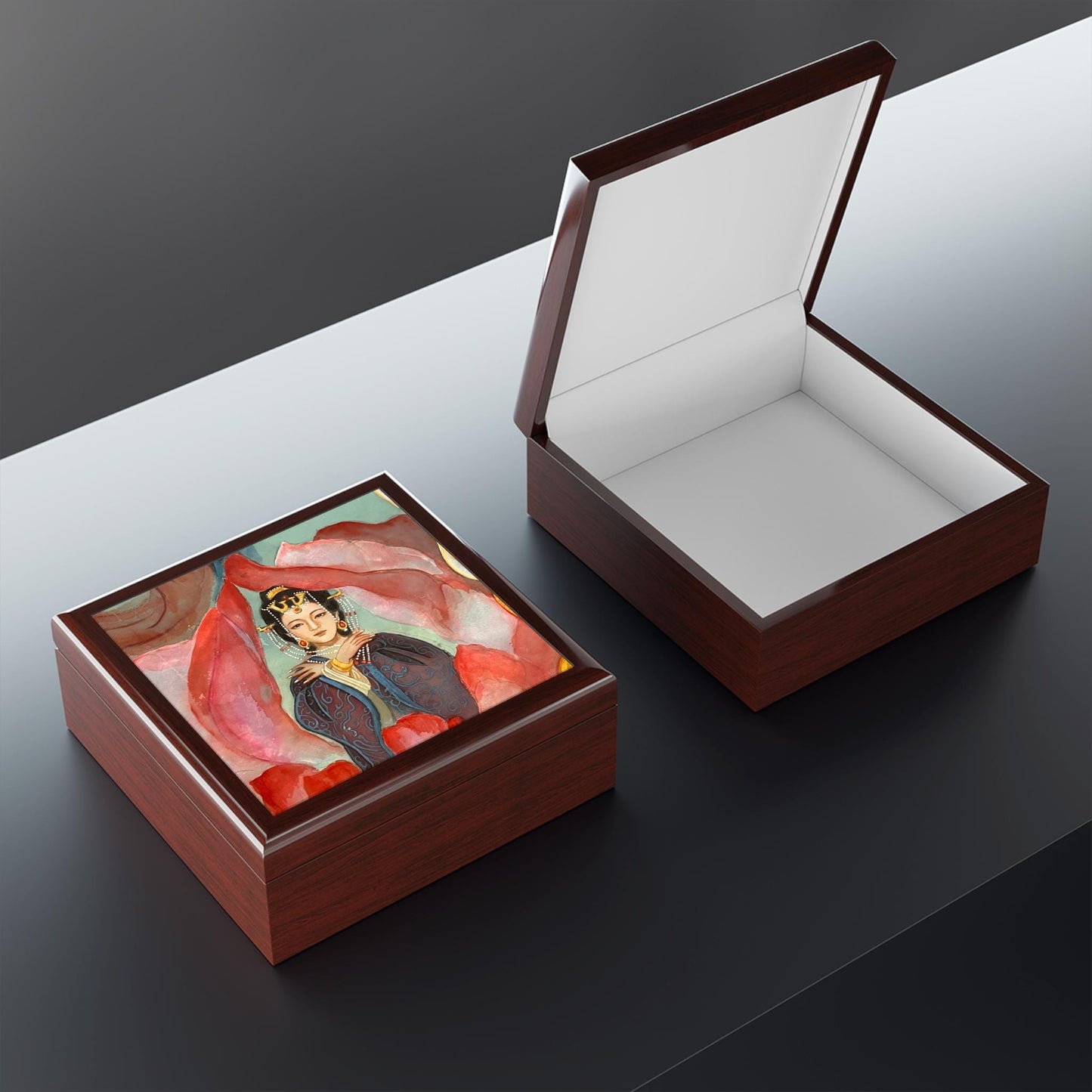 Wooden Jewelry Box | Chinese Empress, Watercolor on Silk | Empress Collection by Xiang Li Art