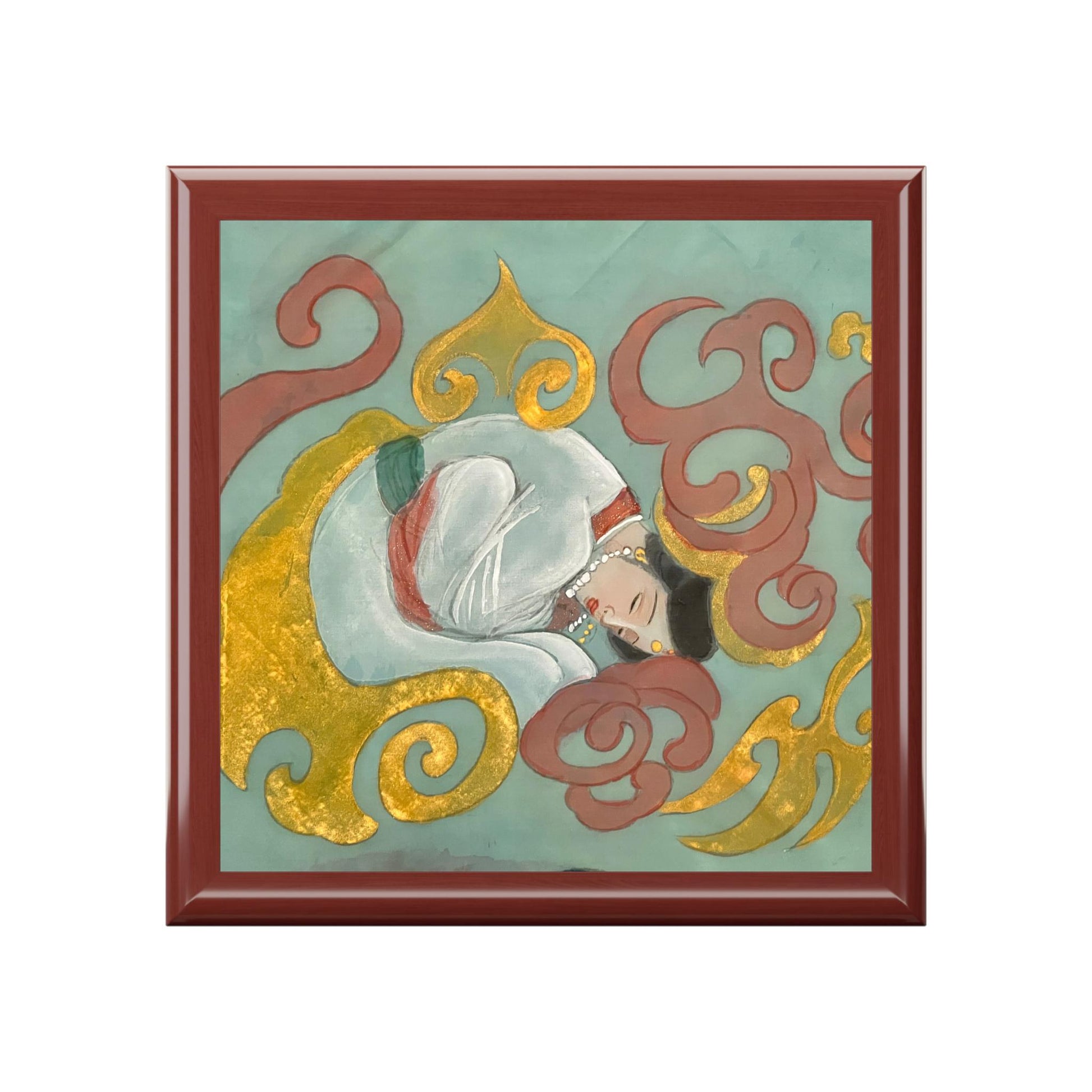 Wood Jewelry Box | Chinese Empress with Pearls necklace, Print of Watercolor on Silk | Empress Collection by Xiang Li Art