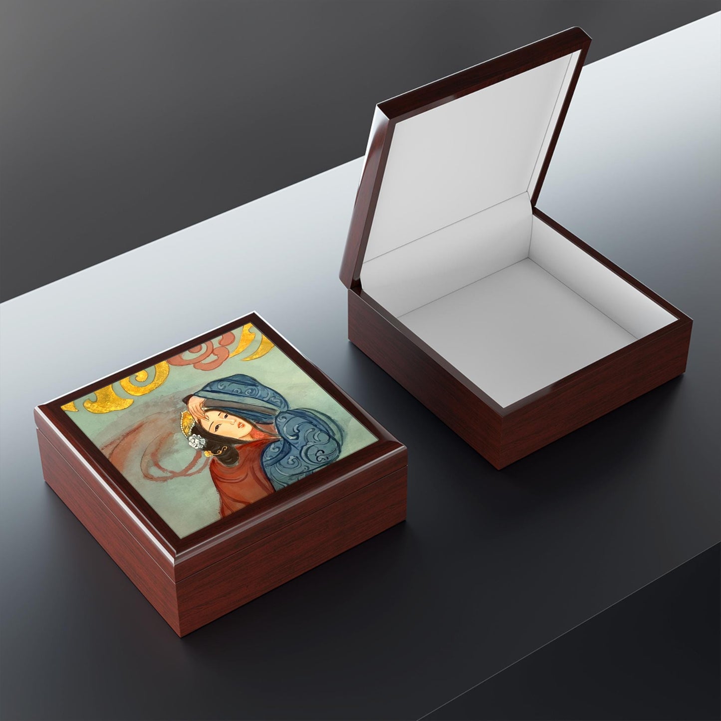 Wooden Jewelry Box | Chinese Empress, Print of Watercolor on Silk | Empress Collection by Xiang Li Art