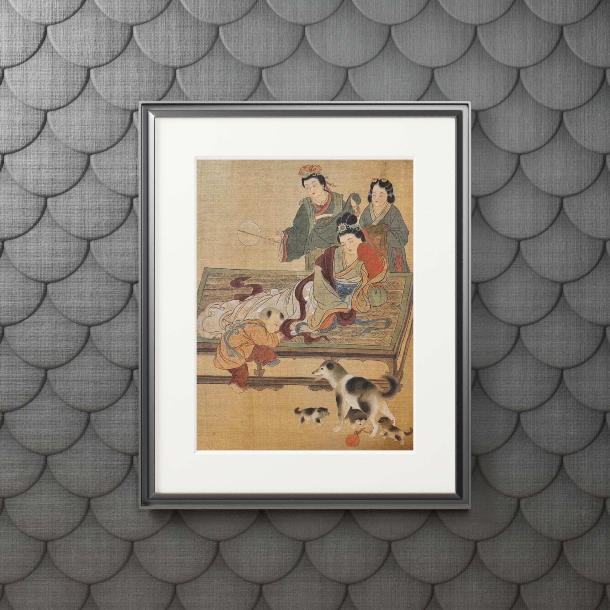 Art Print, Song Dynasty Painting by Xiang Li, Royal Lady with Baby, Pets & Attendants, Chinese Watercolor, Passepartout Frame, New Year Gift