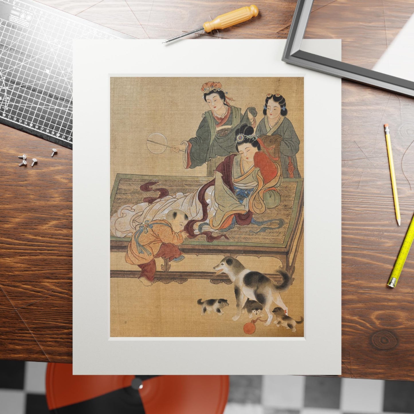 Art Print, Song Dynasty Painting by Xiang Li, Royal Lady with Baby, Pets & Attendants, Chinese Watercolor, Passepartout Frame, New Year Gift