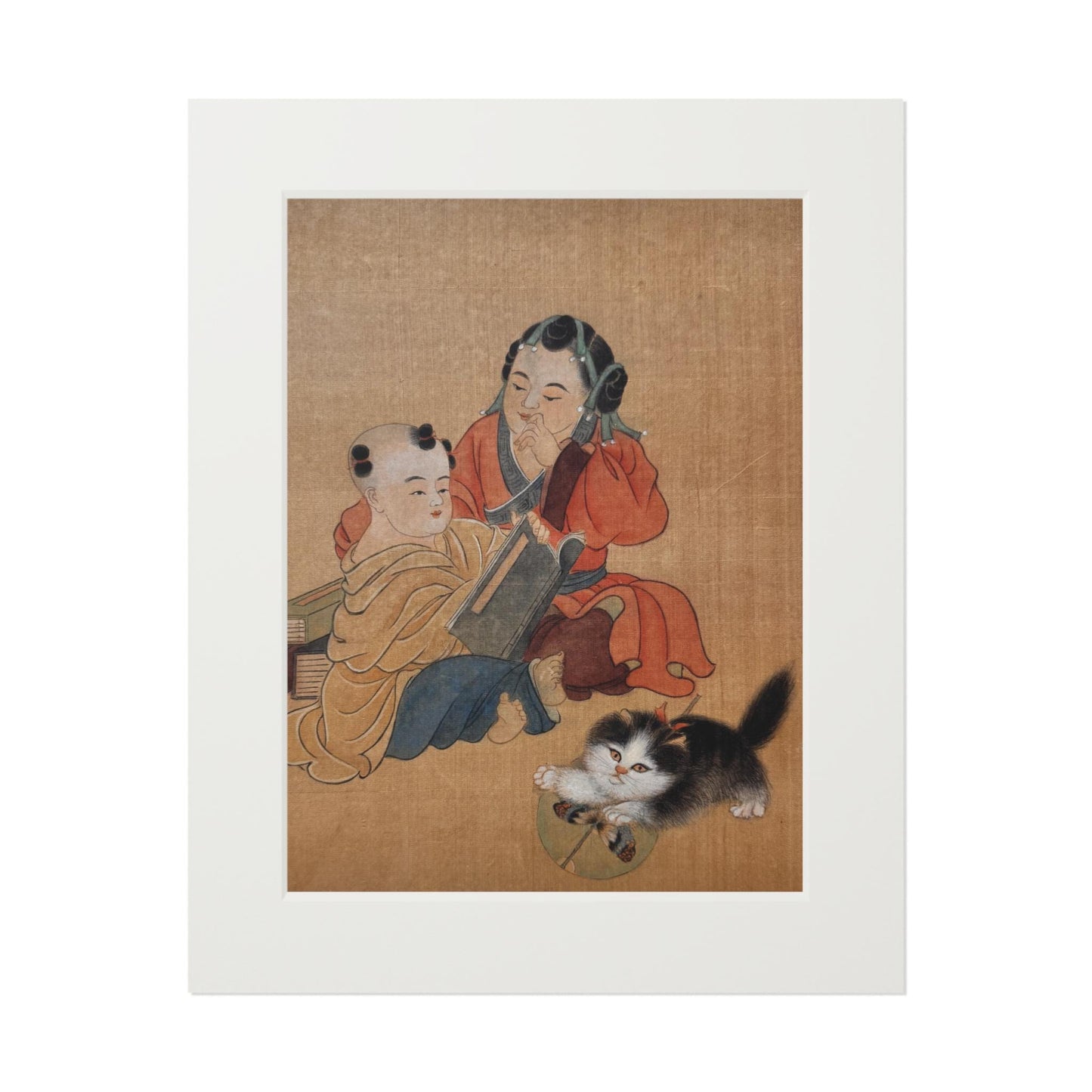 Fine Art Prints, Song Dynasty Painting by Xiang Li, Royal Children with Pet Cat, Lunar New Year Gift, Chinese Watercolor, Passepartout Frame
