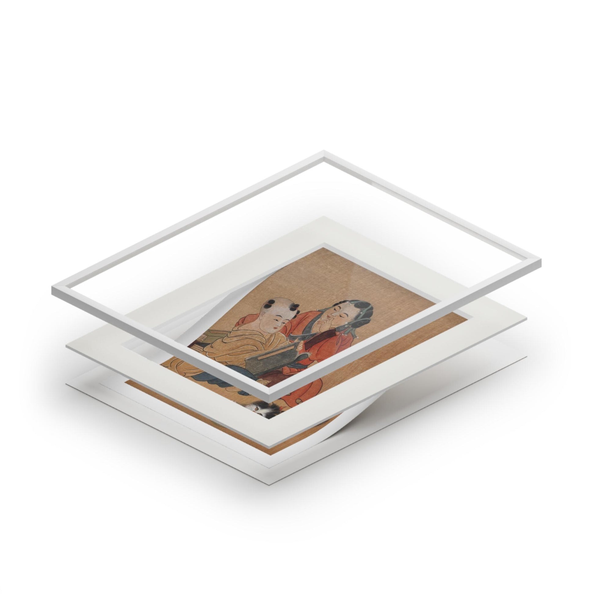 Fine Art Prints, Song Dynasty Painting by Xiang Li, Royal Children with Pet Cat, Lunar New Year Gift, Chinese Watercolor, Passepartout Frame