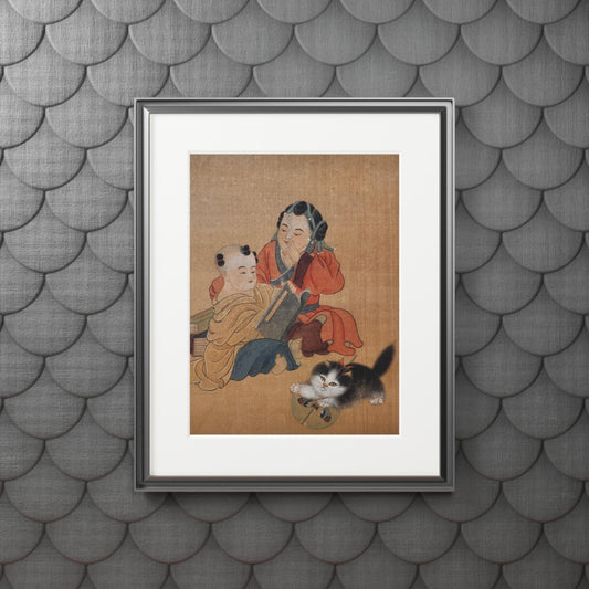 Fine Art Prints, Song Dynasty Painting by Xiang Li, Royal Children with Pet Cat, Lunar New Year Gift, Chinese Watercolor, Passepartout Frame