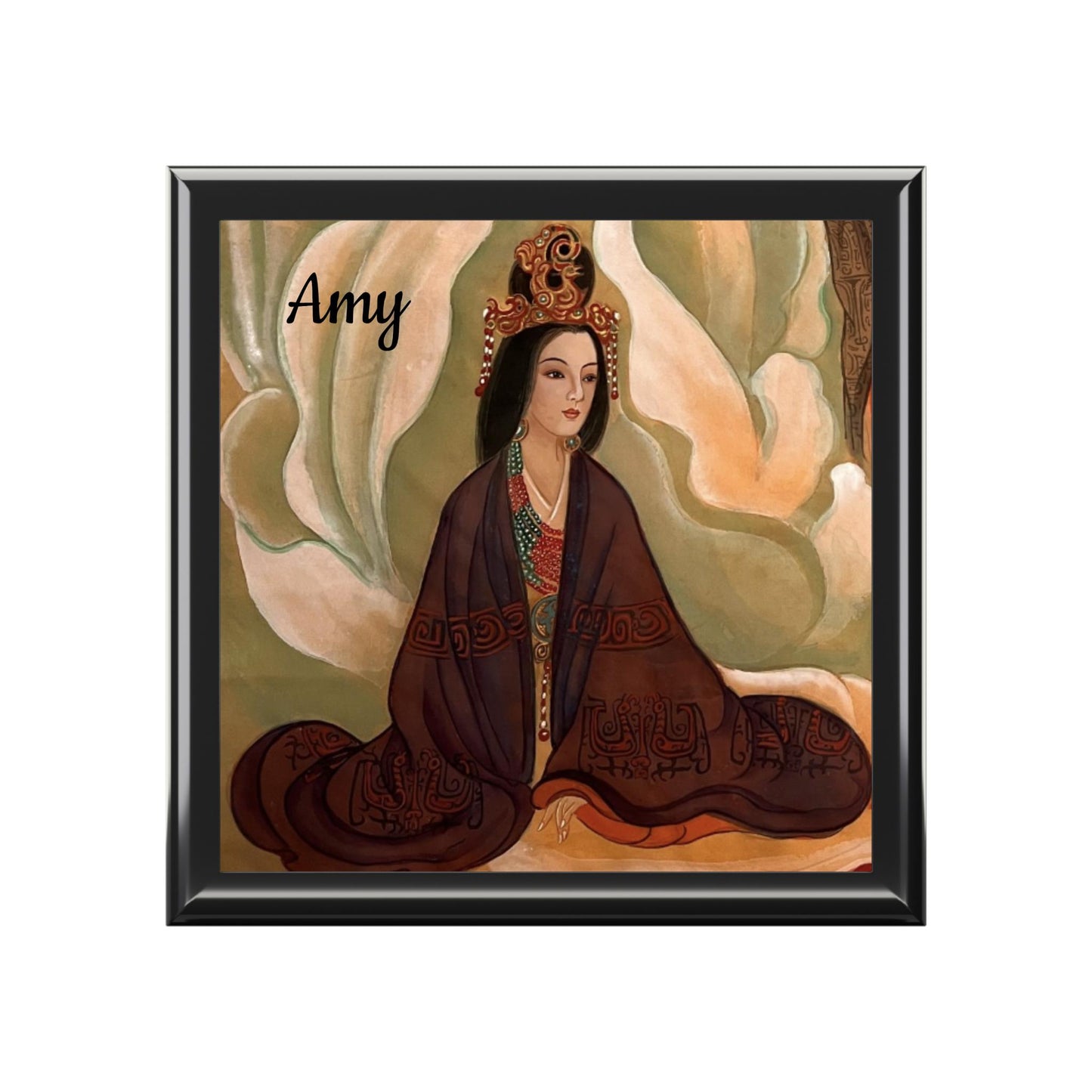 Wooden Jewelry Box | Chinese Empress, Print of Watercolor art on Silk | Empress Collection by Xiang Li Art