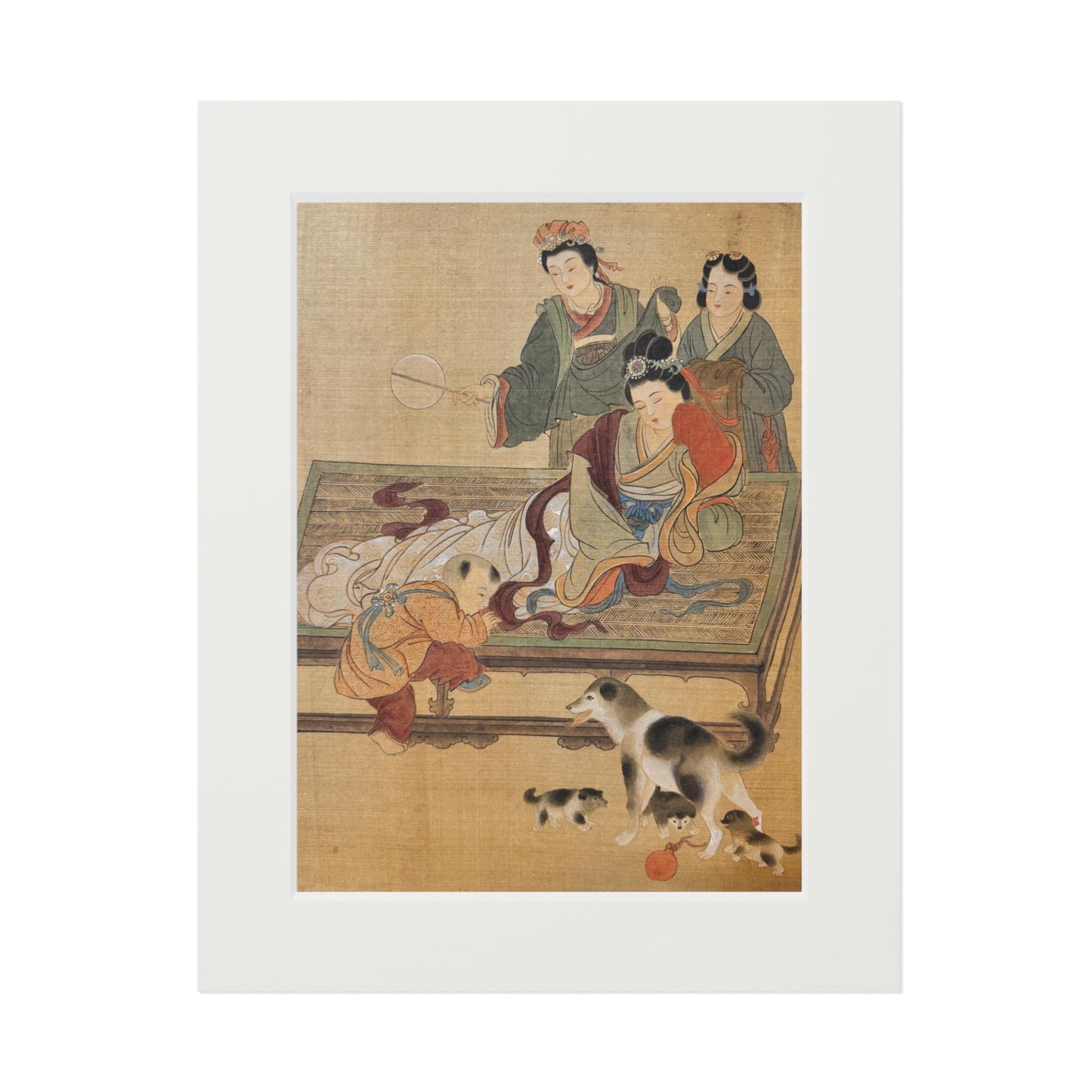 Art Print, Song Dynasty Painting by Xiang Li, Royal Lady with Baby, Pets & Attendants, Chinese Watercolor, Passepartout Frame, New Year Gift