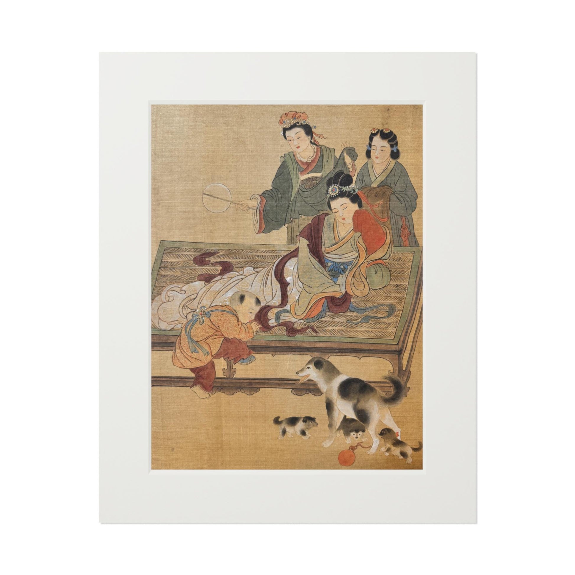 Art Print, Song Dynasty Painting by Xiang Li, Royal Lady with Baby, Pets & Attendants, Chinese Watercolor, Passepartout Frame, New Year Gift