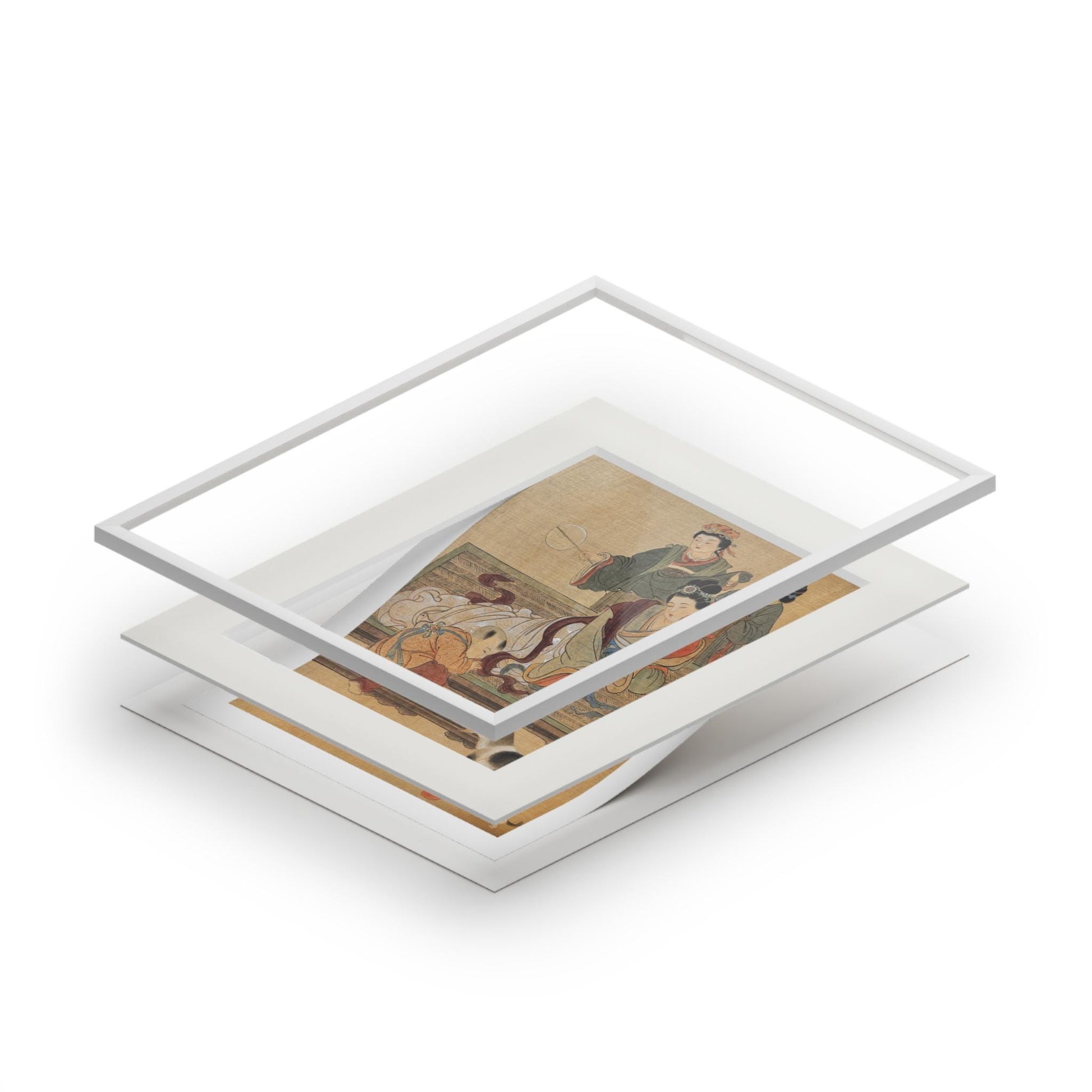 Art Print, Song Dynasty Painting by Xiang Li, Royal Lady with Baby, Pets & Attendants, Chinese Watercolor, Passepartout Frame, New Year Gift