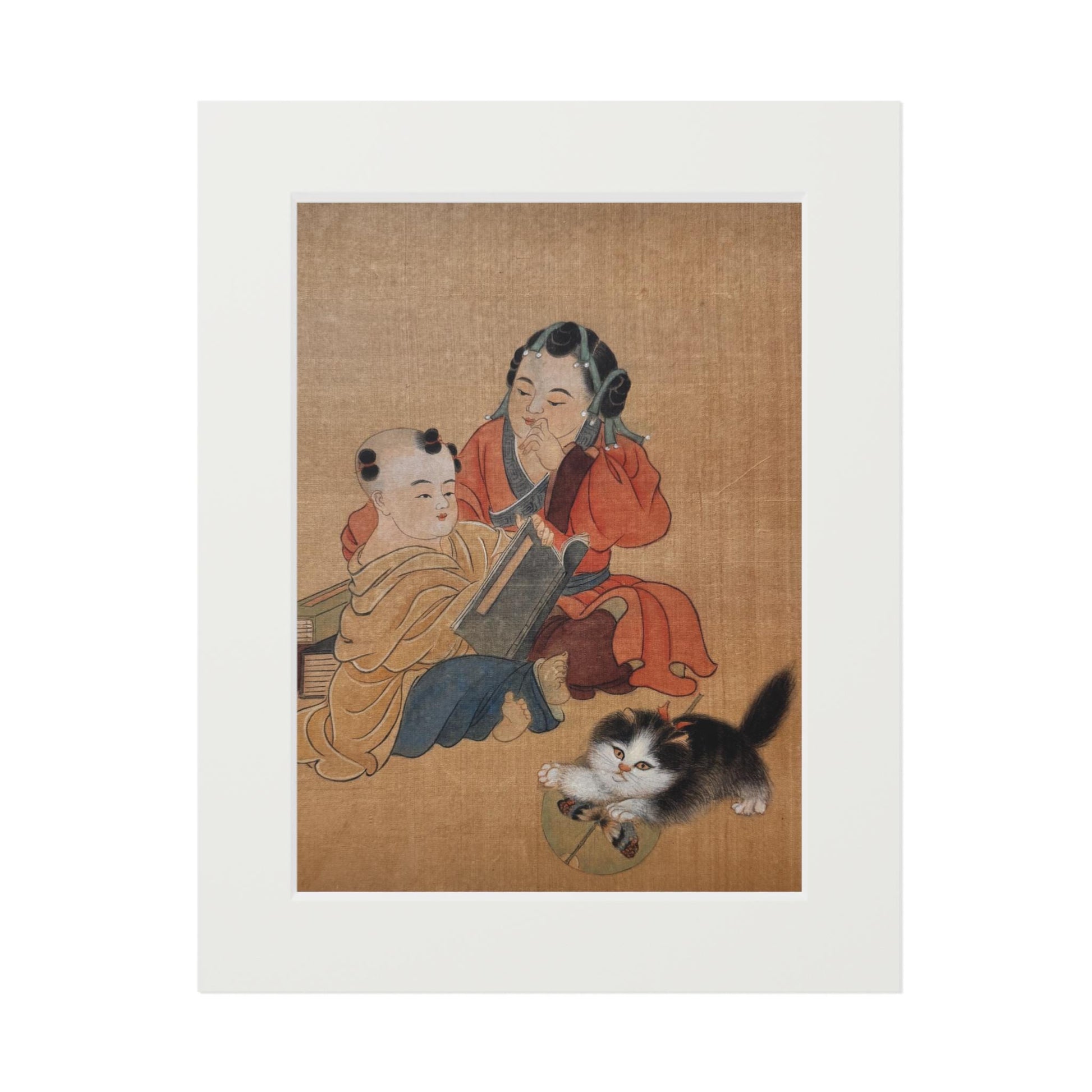 Fine Art Prints, Song Dynasty Painting by Xiang Li, Royal Children with Pet Cat, Lunar New Year Gift, Chinese Watercolor, Passepartout Frame