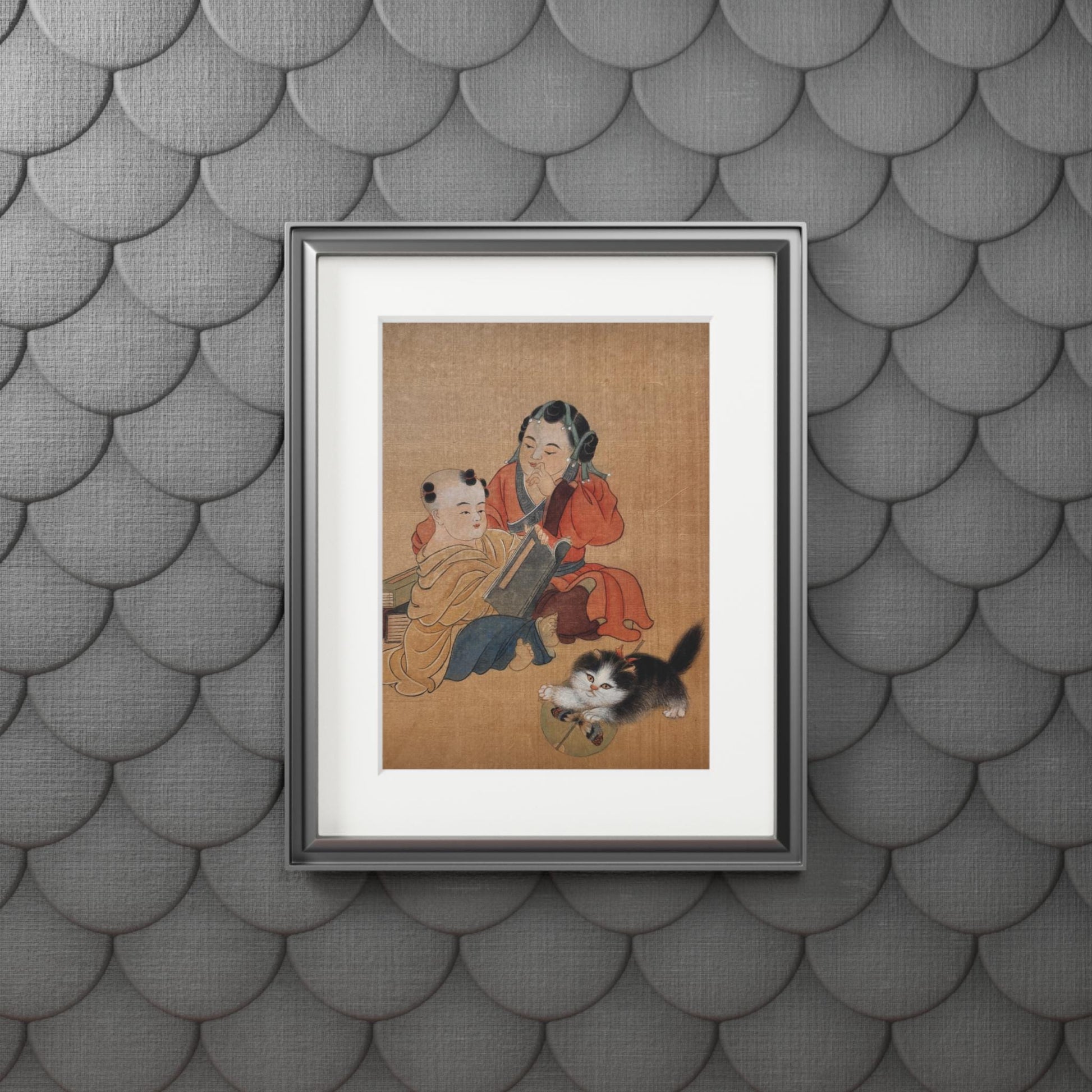 Fine Art Prints, Song Dynasty Painting by Xiang Li, Royal Children with Pet Cat, Lunar New Year Gift, Chinese Watercolor, Passepartout Frame